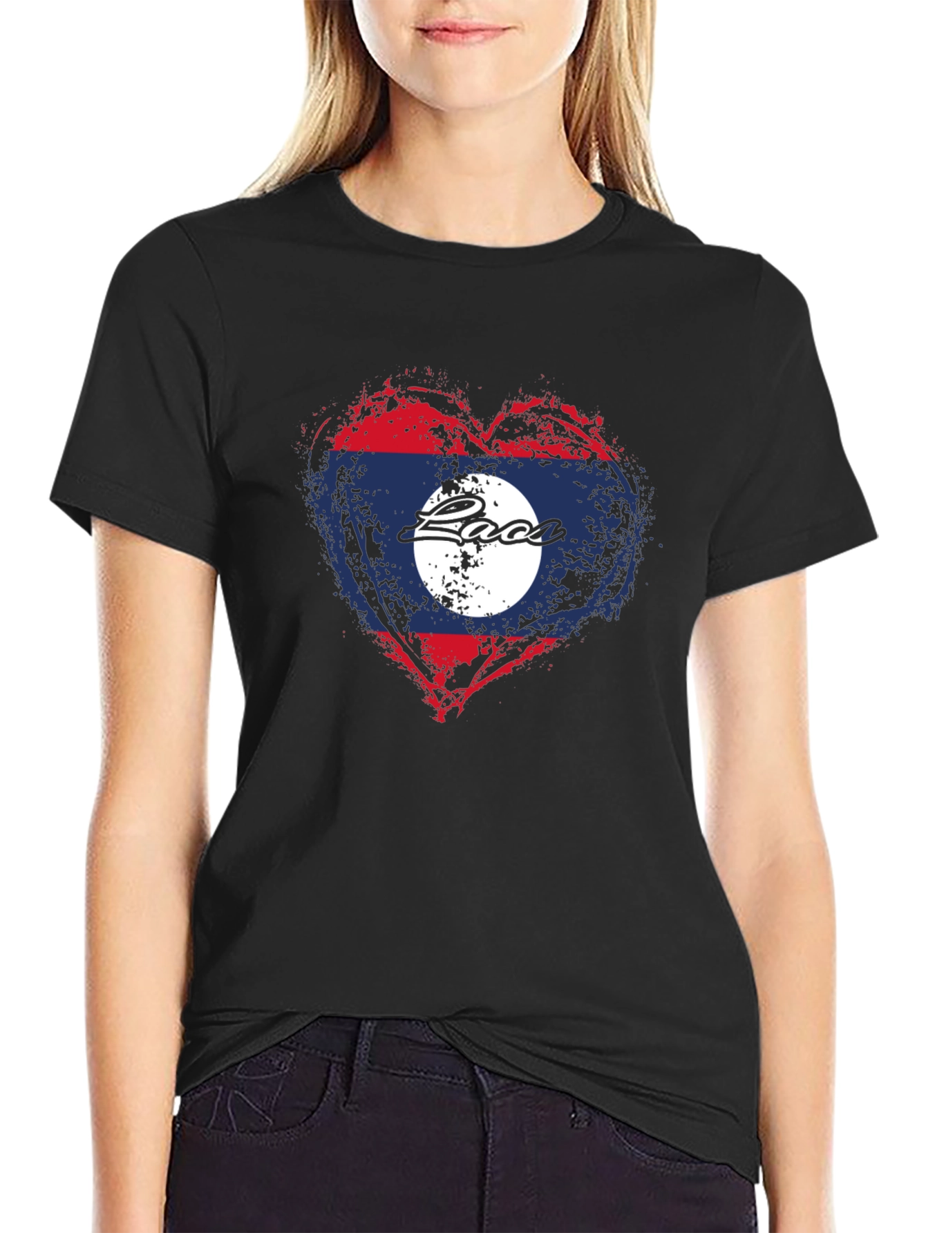 Black Laos Flag Heart T-Shirt - Graphic Print view 2