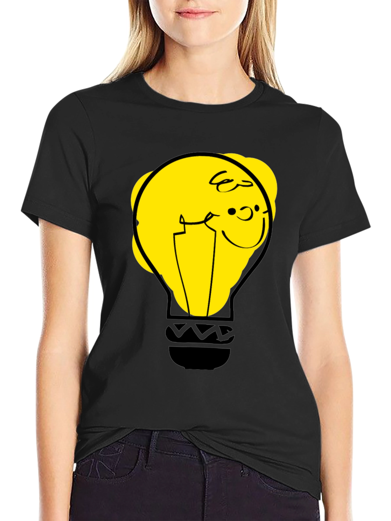Black Funny Cartoon Light Bulb Graphic Tee view 2