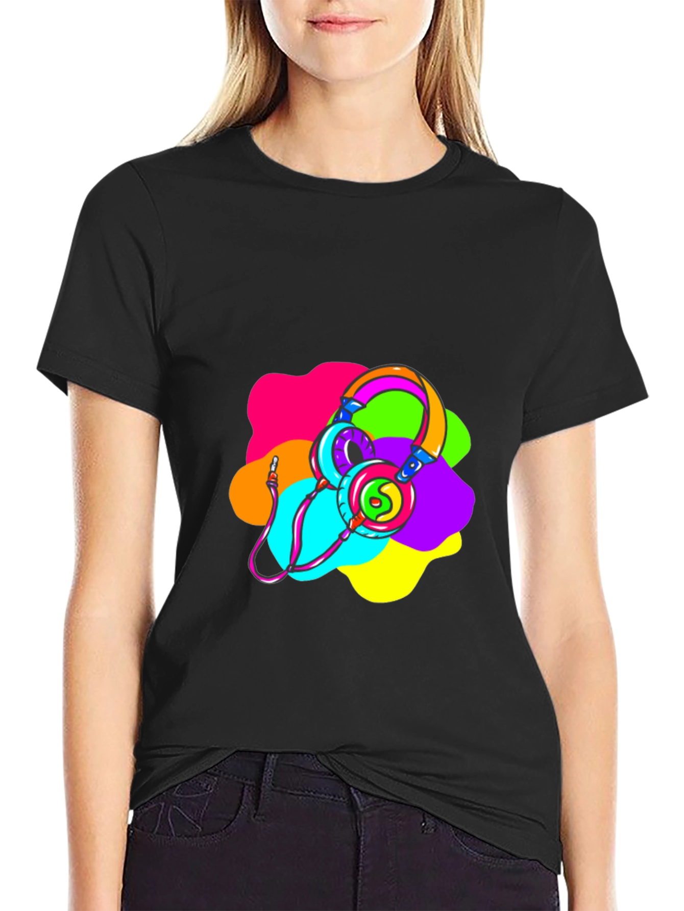 Black Vibrant Headphones Graphic T-Shirt view 2