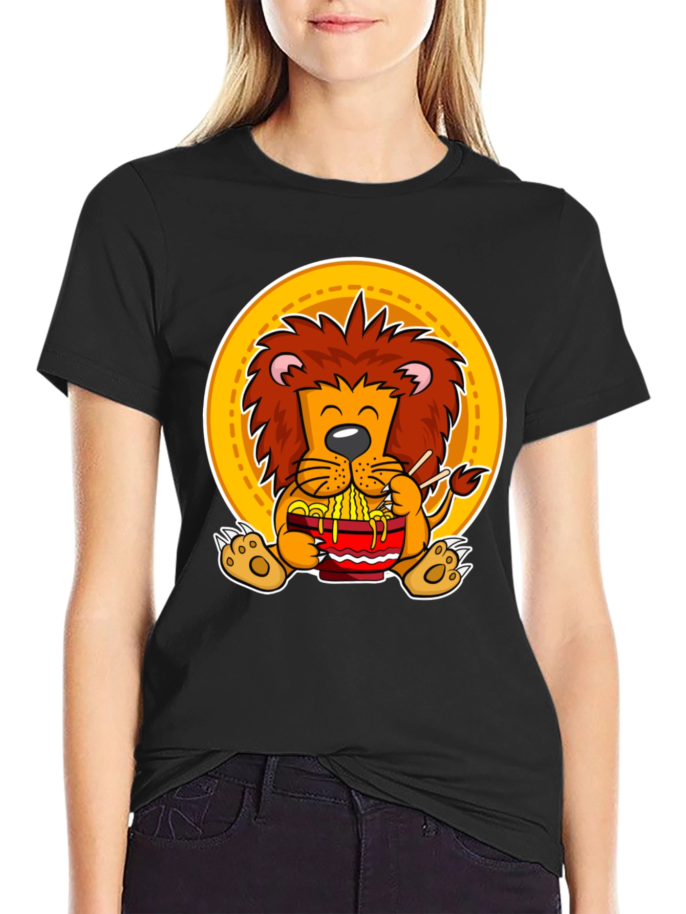 Black Lion Ramen T-Shirt: Cute Animal Graphic Tee for Noodle Lovers view 2