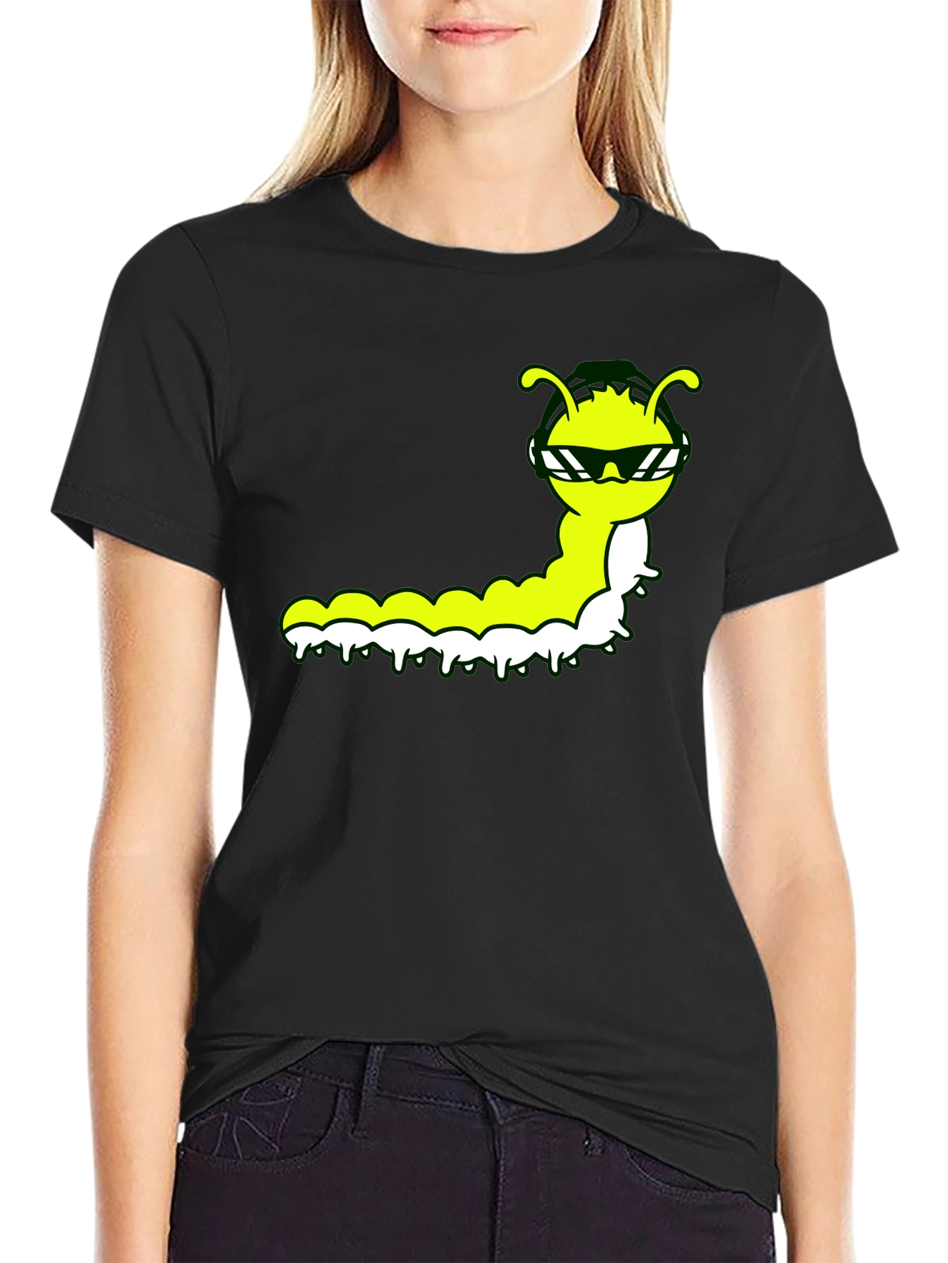 Black Cool Caterpillar Graphic Tee - Black Cotton Shirt view 2