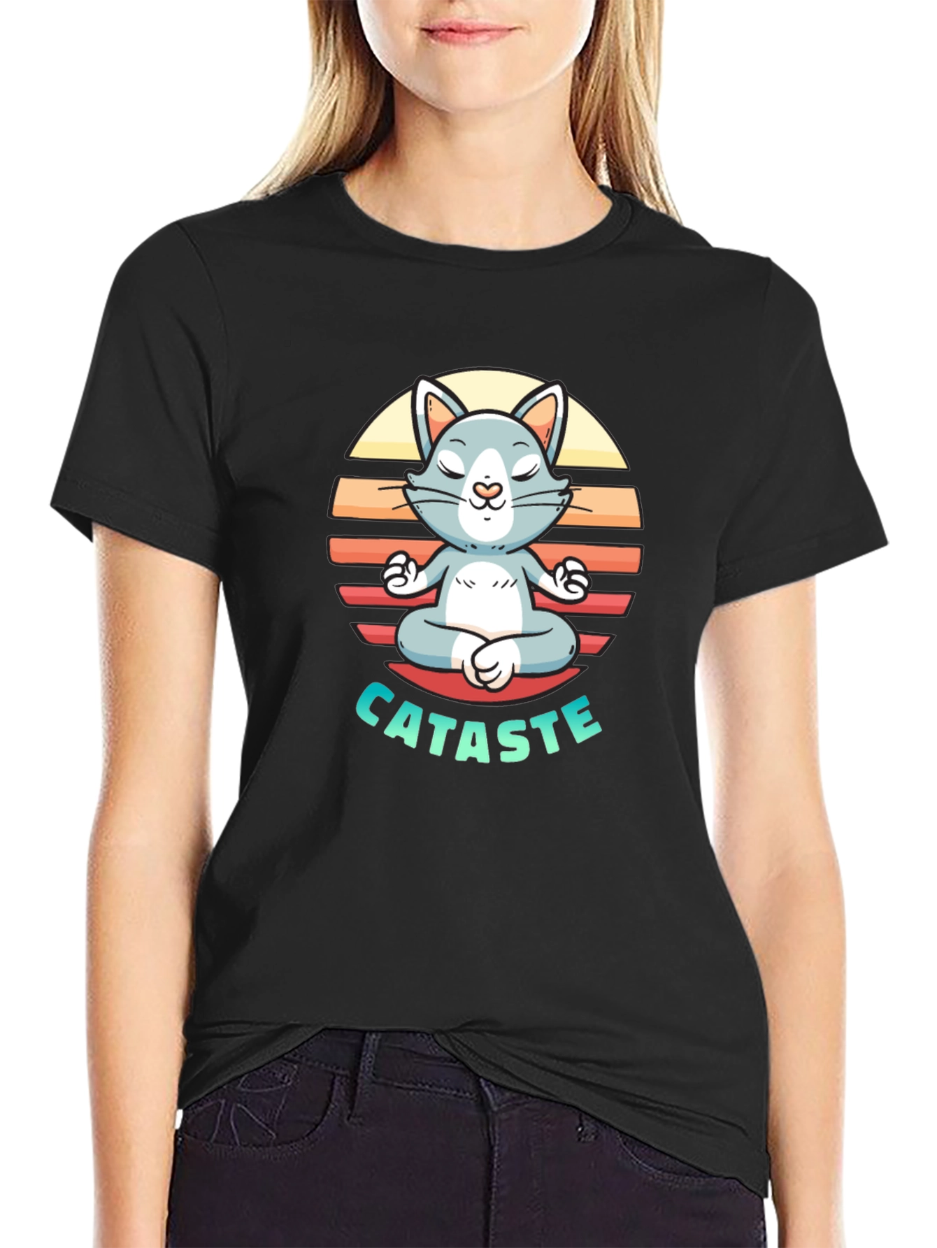 Black Cataste Yoga Cat T-Shirt - Meditating Funny Tee view 2