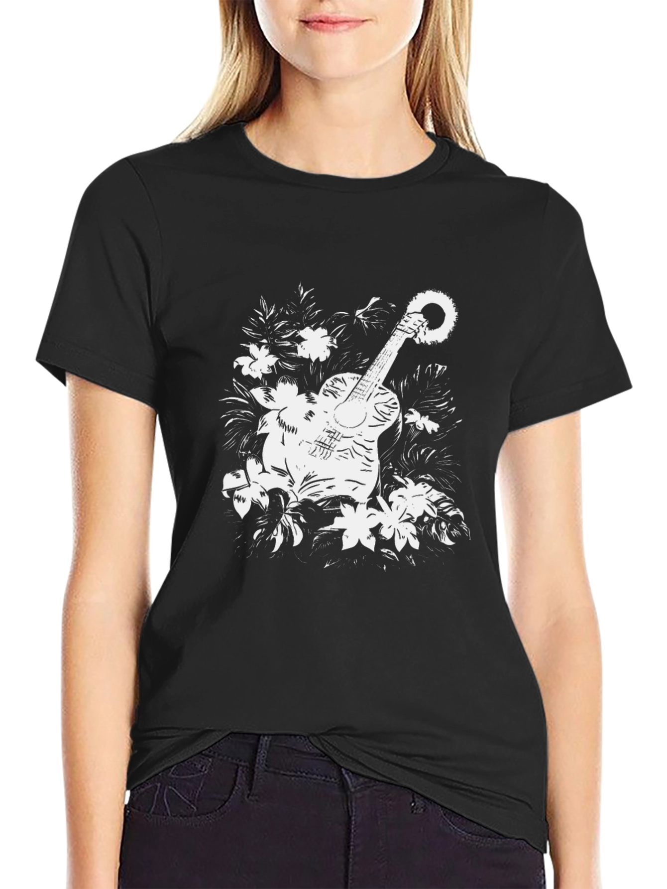 Black Floral Guitar Graphic T-Shirt - Black view 2