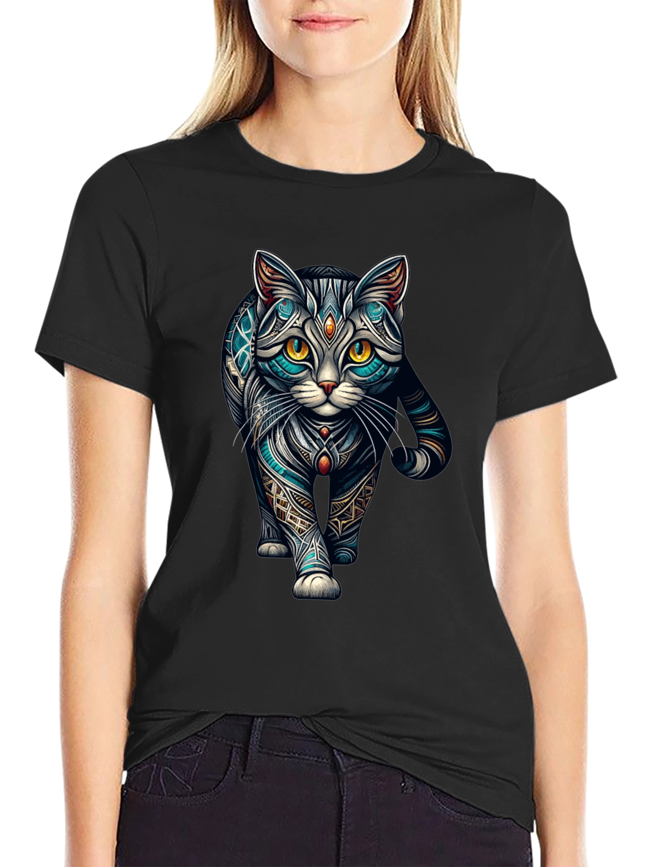 Black Mystic Cat T-Shirt - Unique Graphic Tee view 2