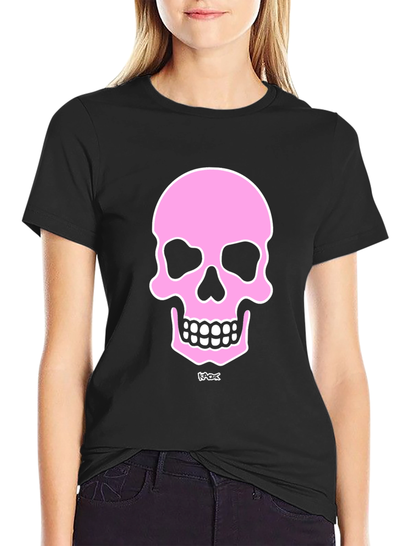 Black Pink Skull Graphic Black T-Shirt view 2