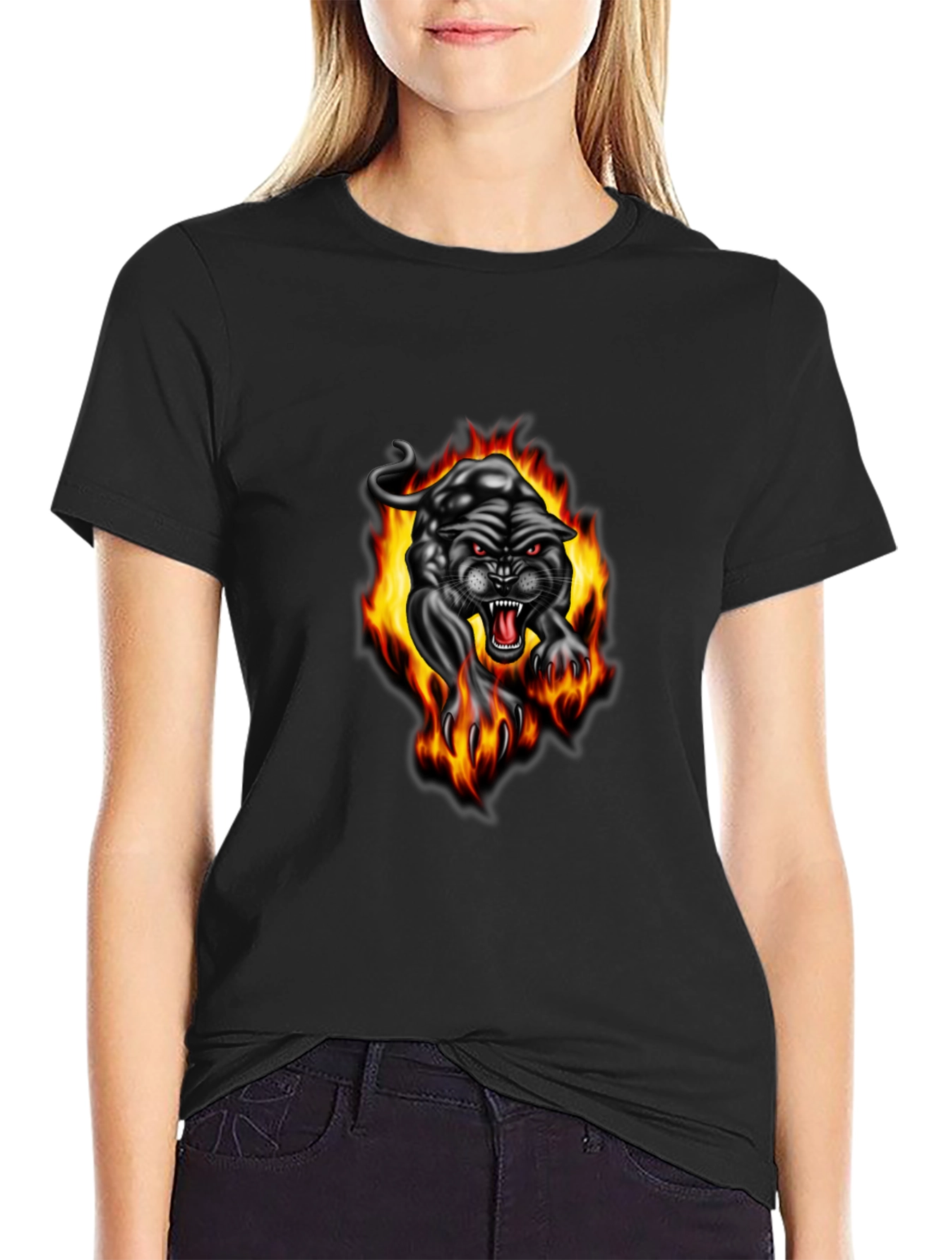Black Fiery Panther Graphic Tee - Black Cotton T-Shirt view 2