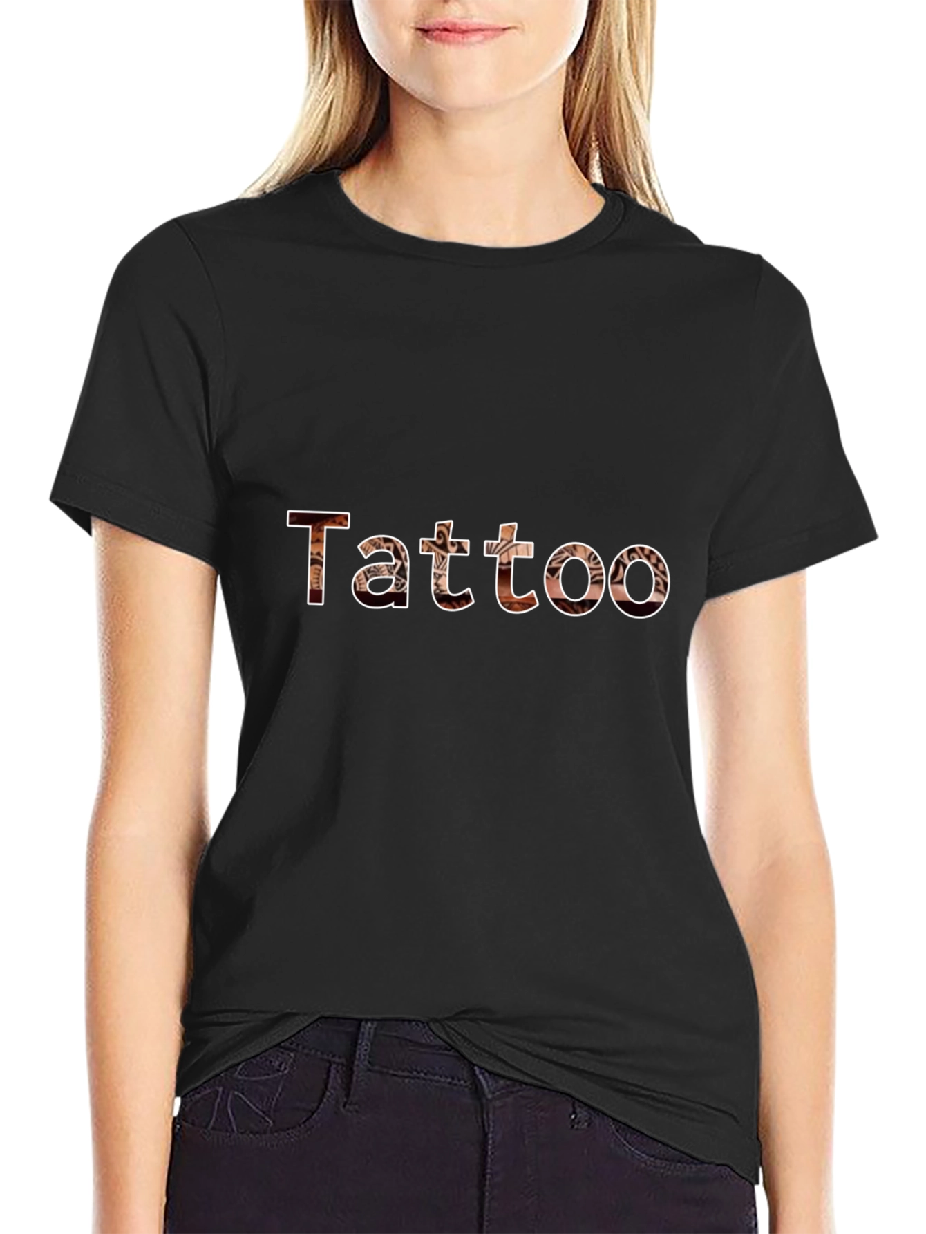 Black Tattoo Print Crew Neck Short Sleeve Black T-Shirt view 2