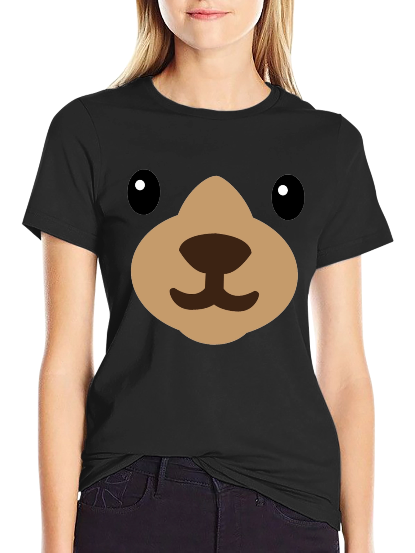 Black Cute Cartoon Bear Face Black T-Shirt view 2