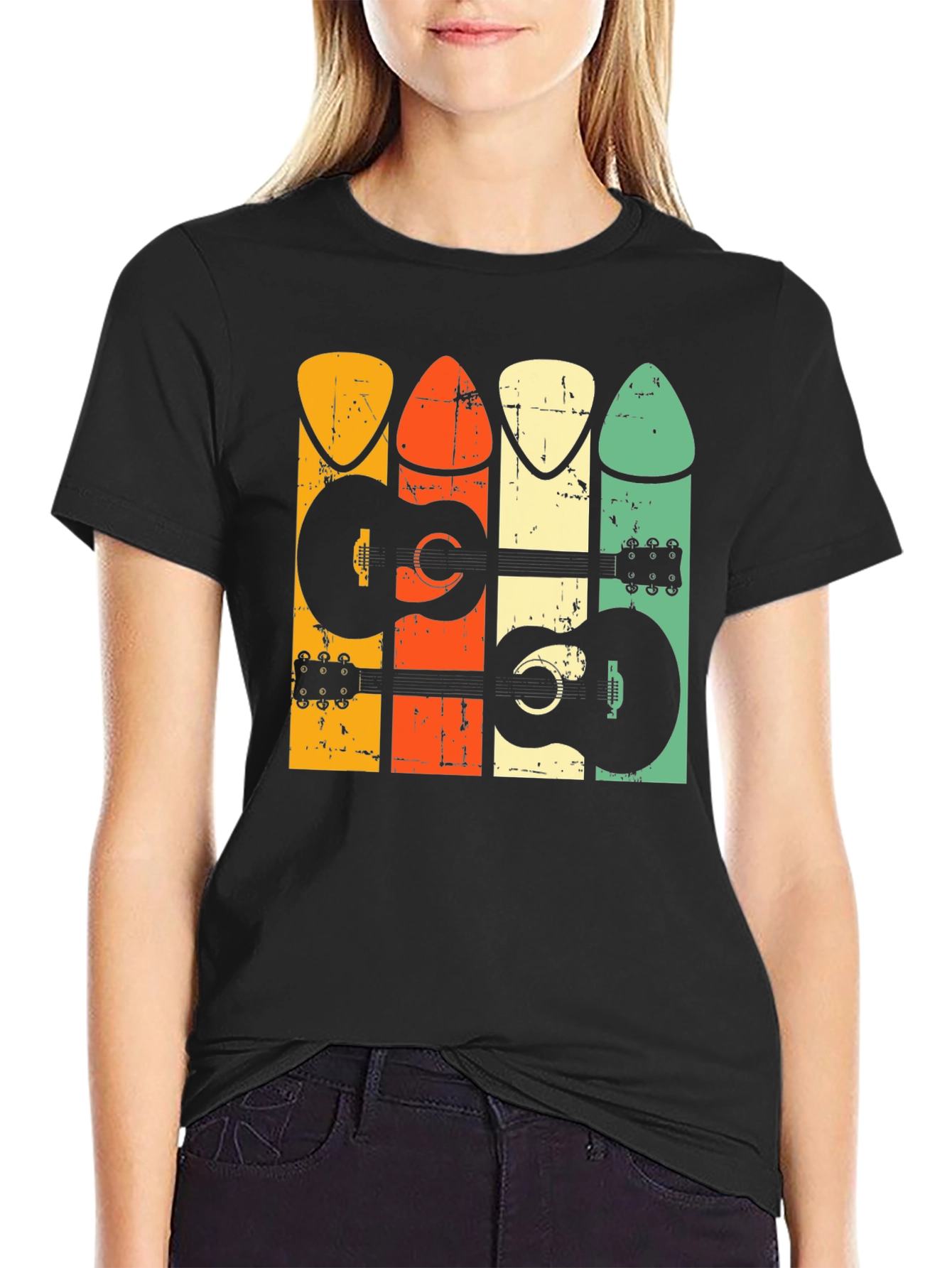 Black Retro Guitar Pick T-Shirt view 2