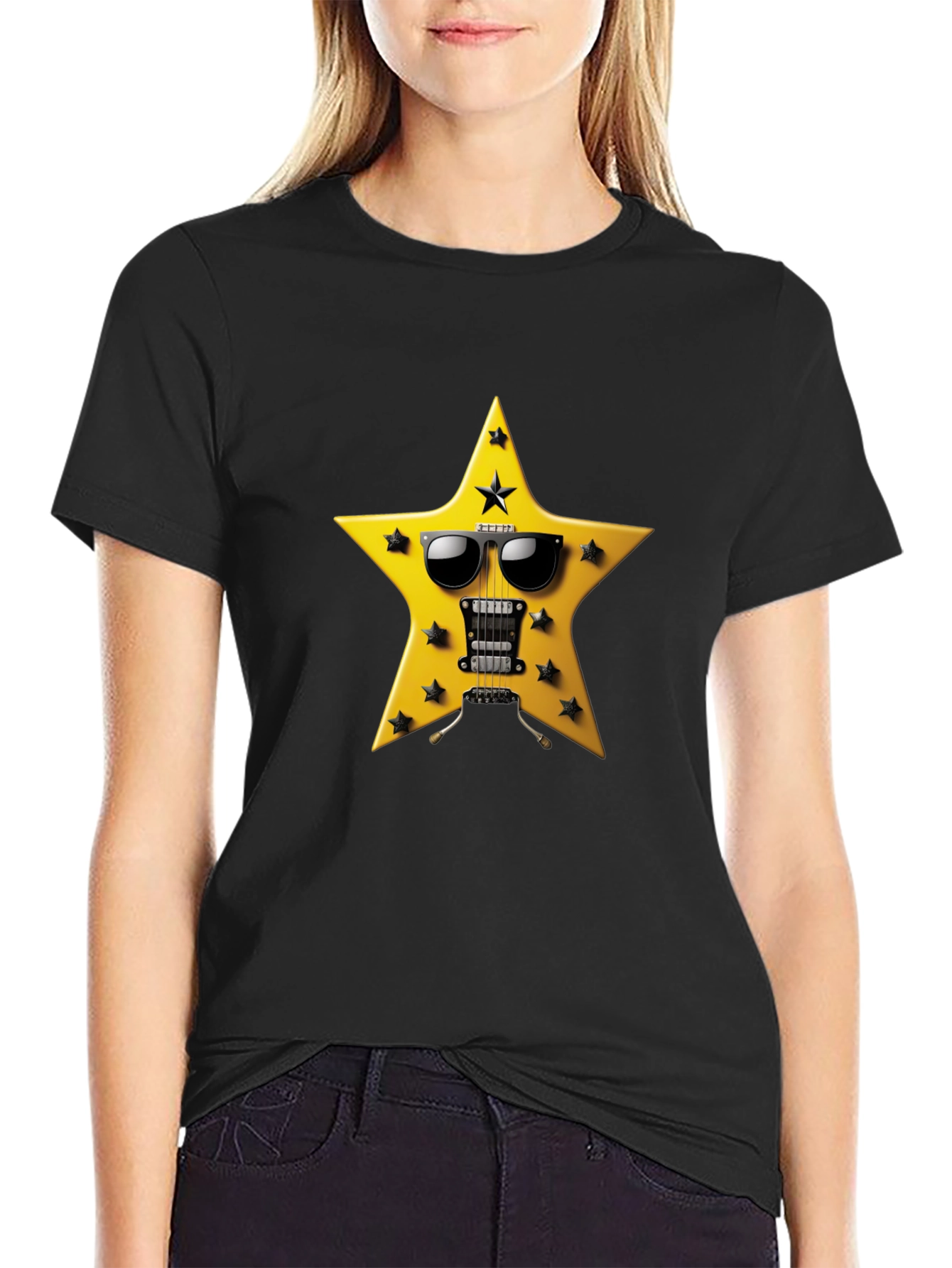 Black Rockstar Guitar Star T-Shirt - Cool Graphic Tee view 2