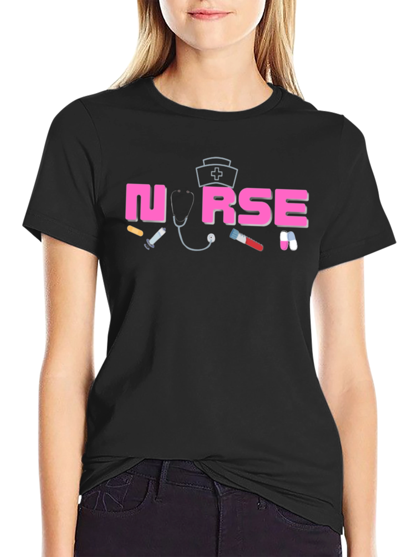 Black Nurse Graphic T-Shirt, Medical Theme Apparel view 2