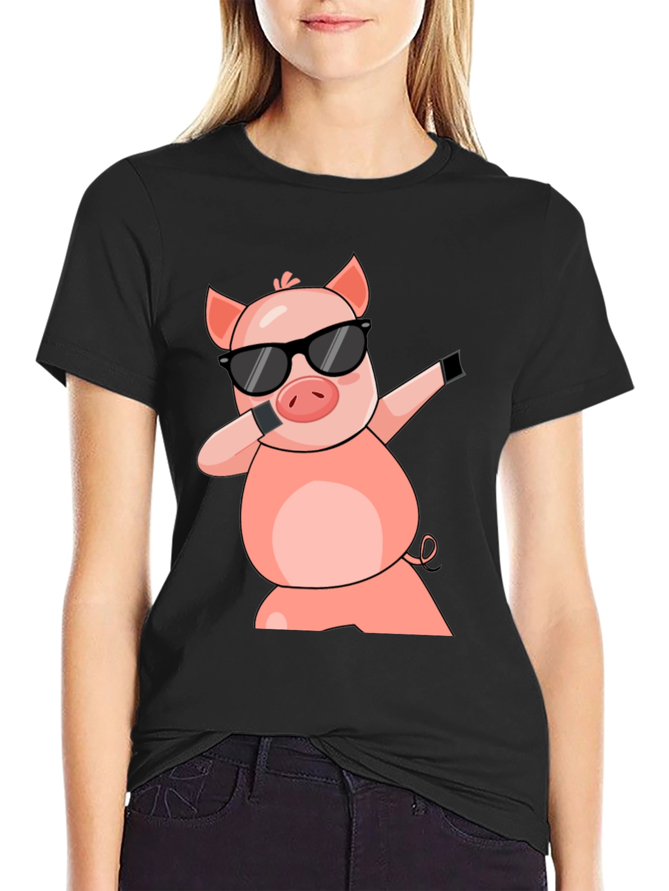 Black Dabbing Pig T-Shirt - Cool Cartoon Graphic Tee view 2