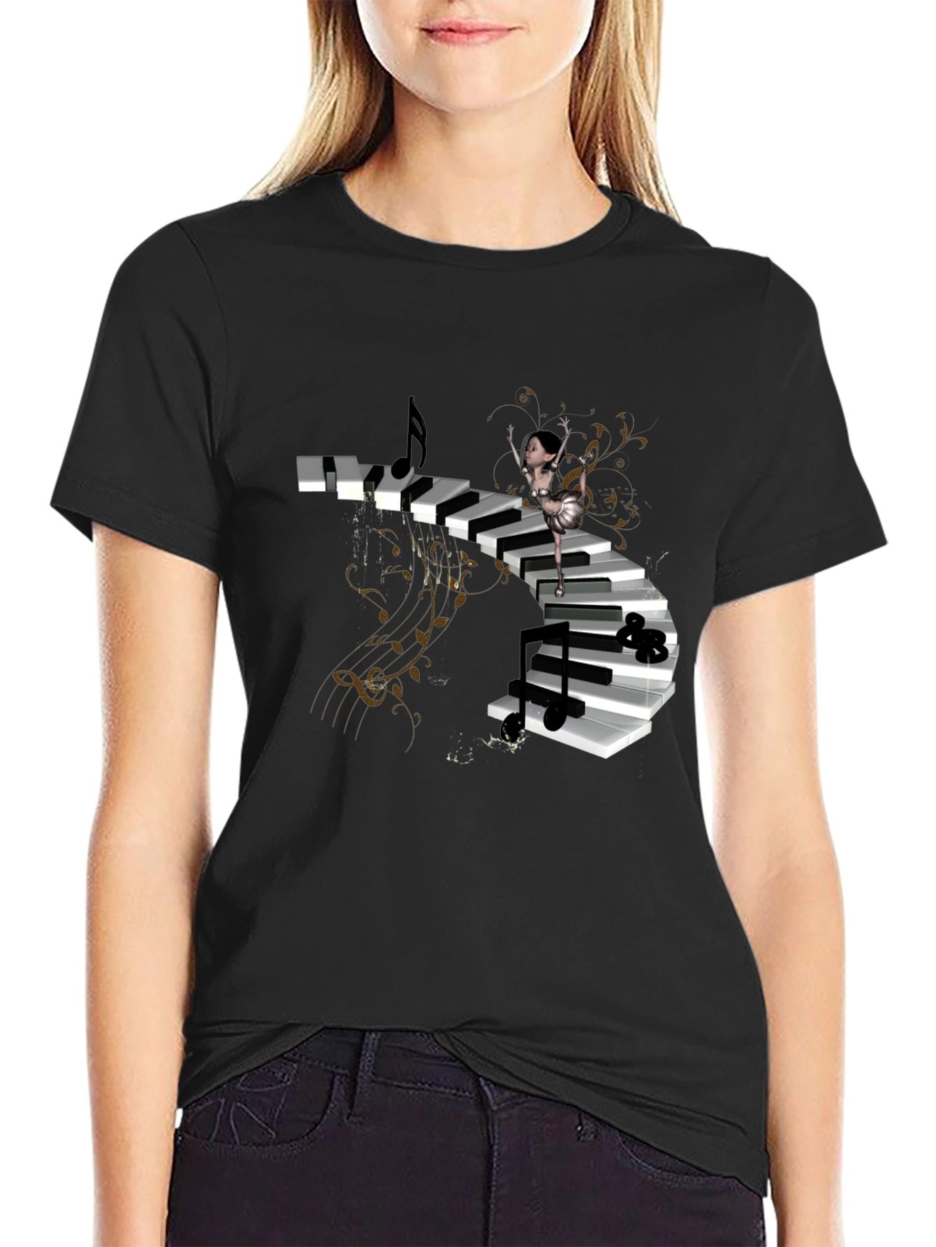 Black Piano Stairway Ballerina Black T-Shirt view 2