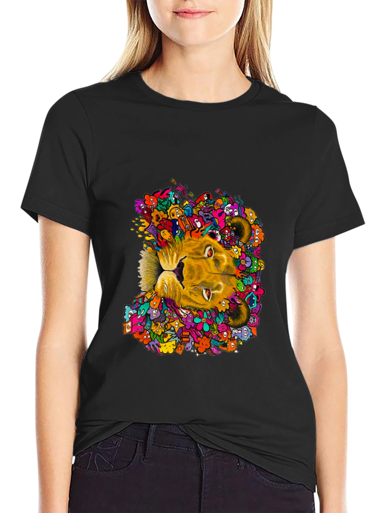 Black Lion Doodle Graphic Tee - Black Cotton T-Shirt view 2
