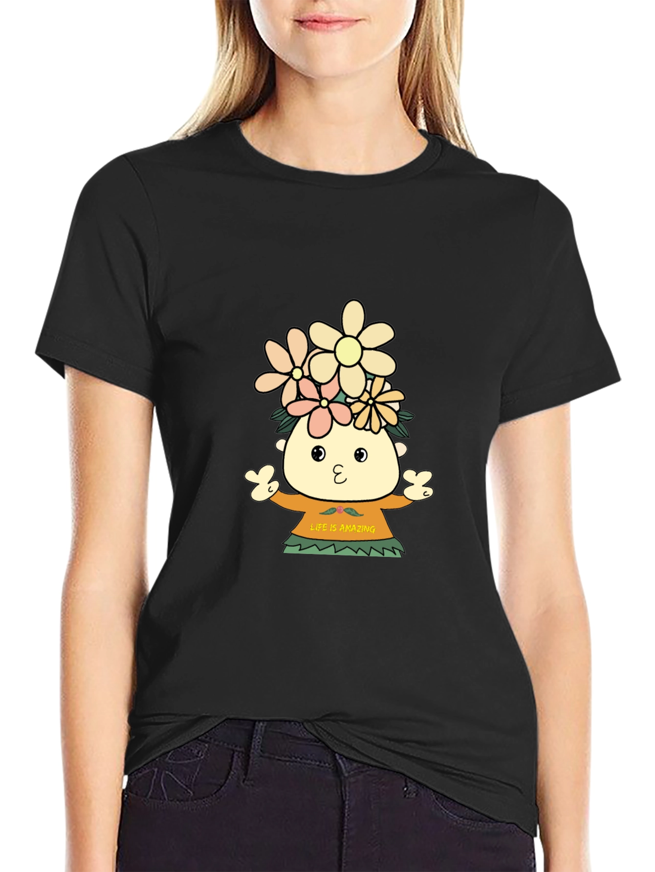 Black Black T-Shirt with Cartoon Flower Child Design view 2
