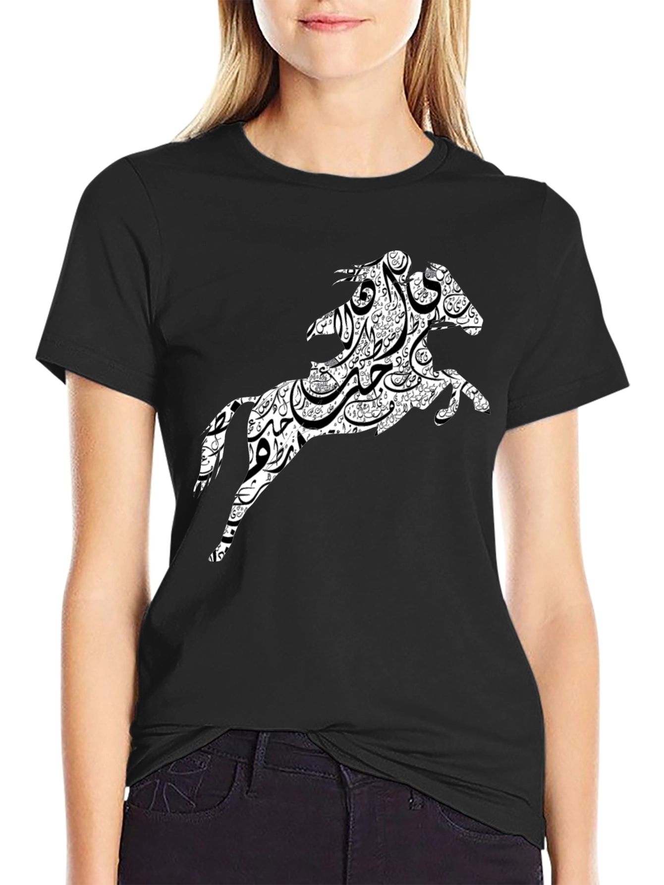 Black Arabic Horse Graphic T-Shirt - Black Cotton Tee view 2