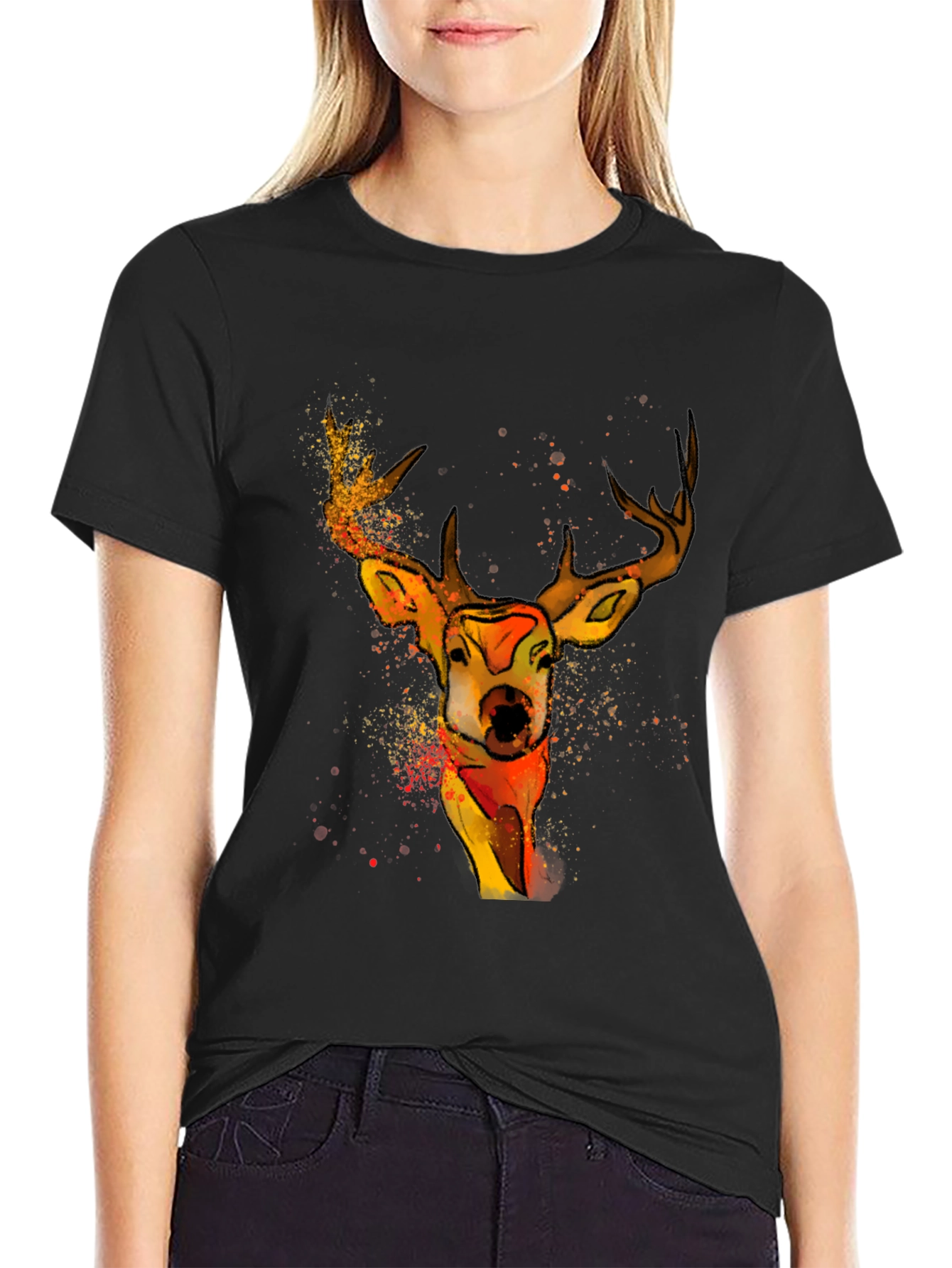 Black Watercolor Deer Graphic T-Shirt - Unique Animal Tee view 2