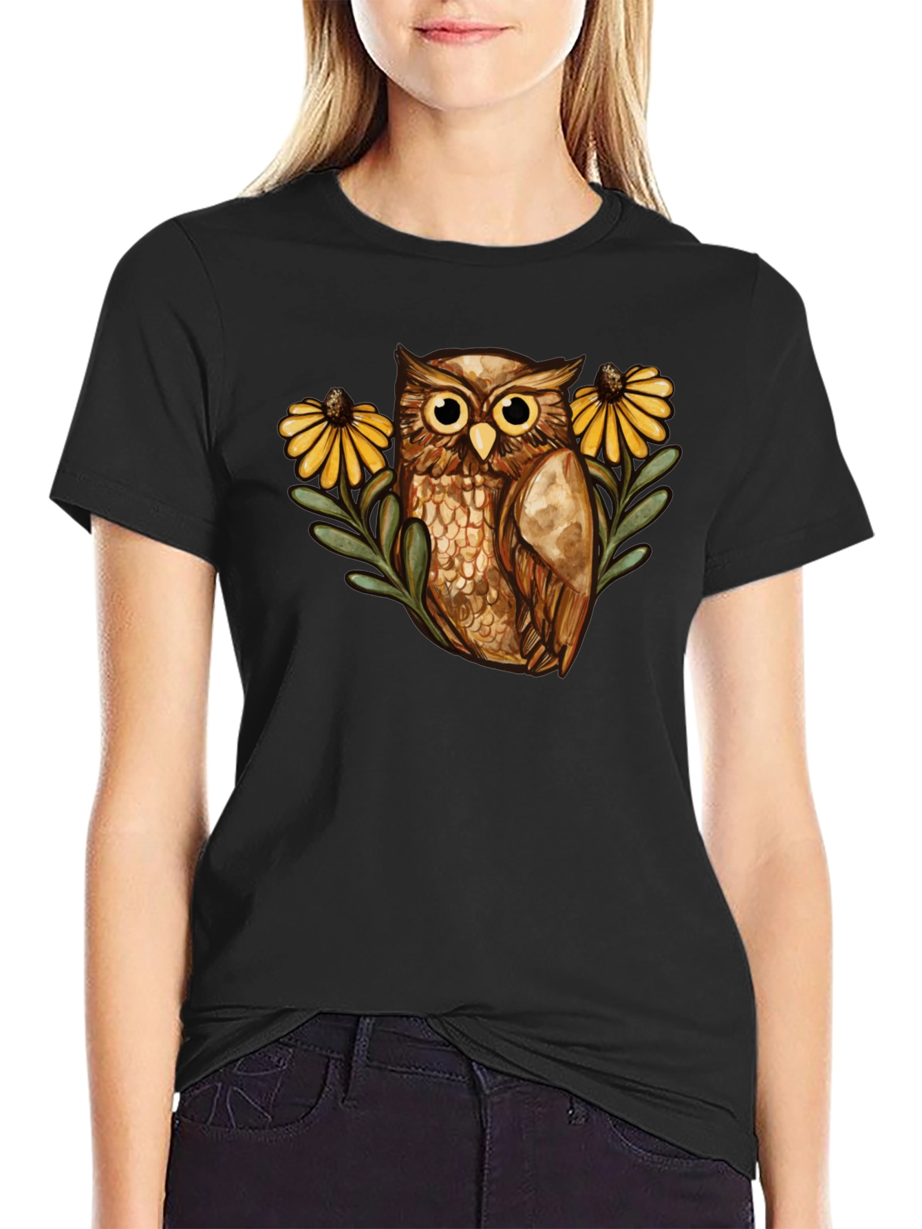 Black Owl and Sunflower Graphic Tee - Black view 2