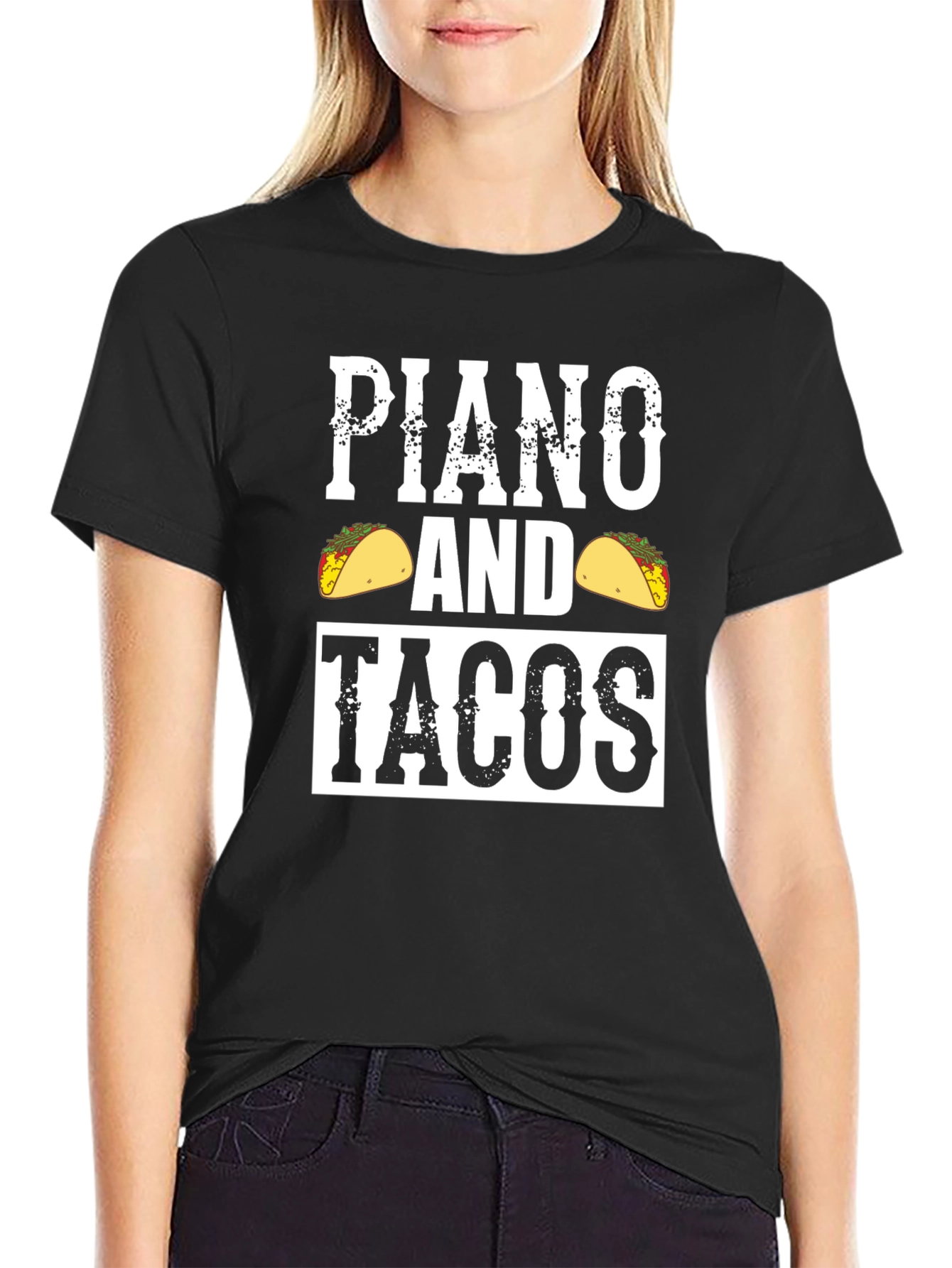 Black Piano and Tacos Graphic Tee - Novelty Men's T-Shirt view 2