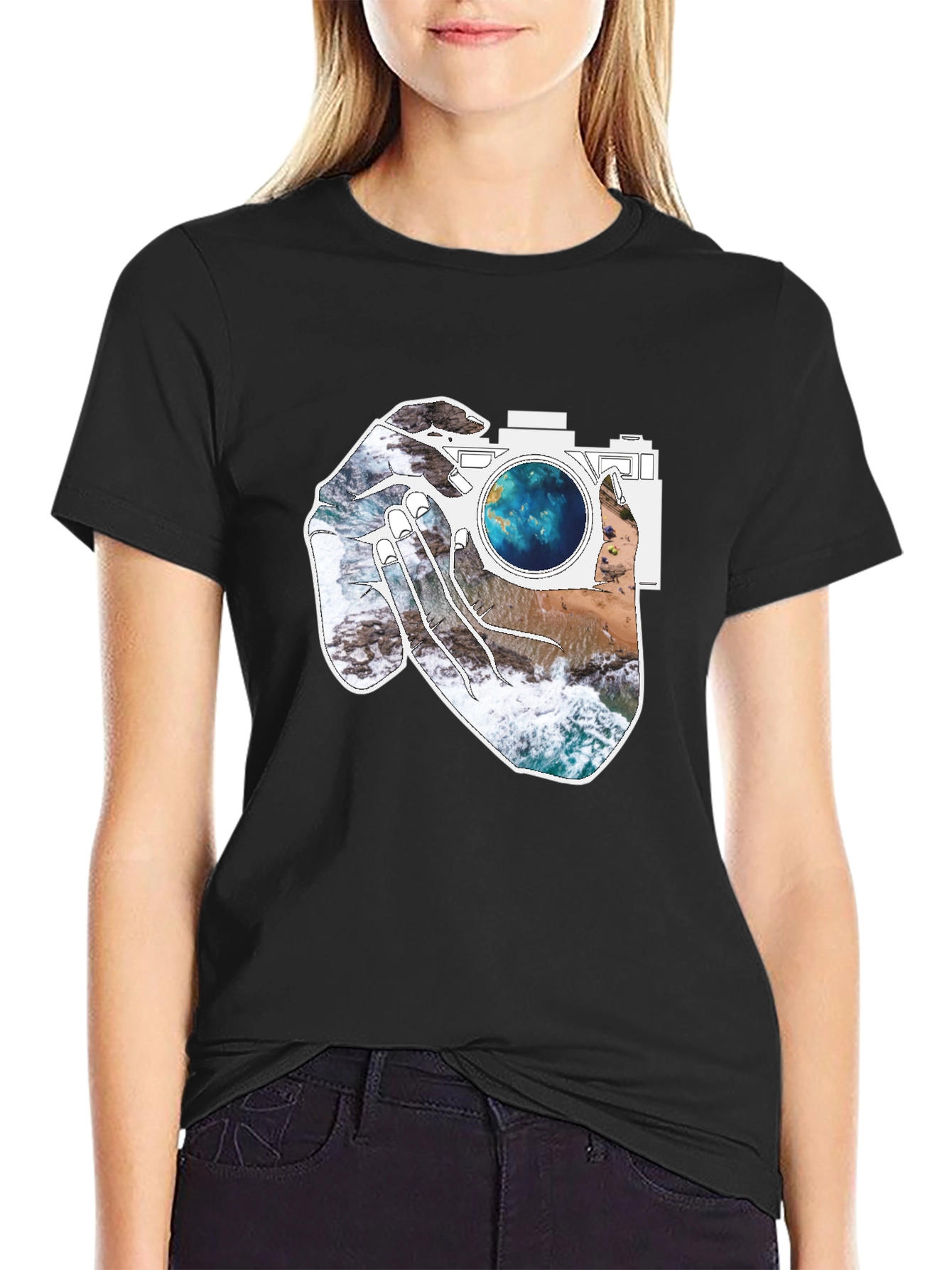 Black Camera Beach Scene Graphic Tee - Black view 2