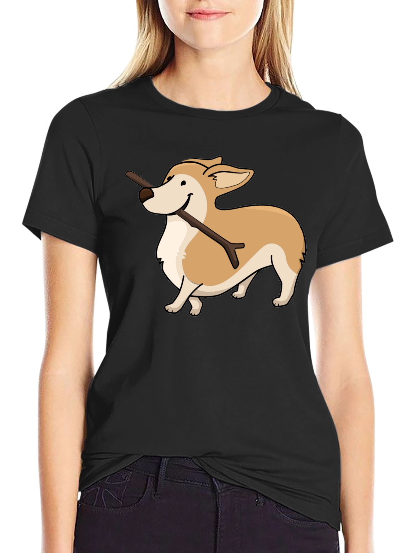 Black Corgi With Stick Graphic T-Shirt view 2