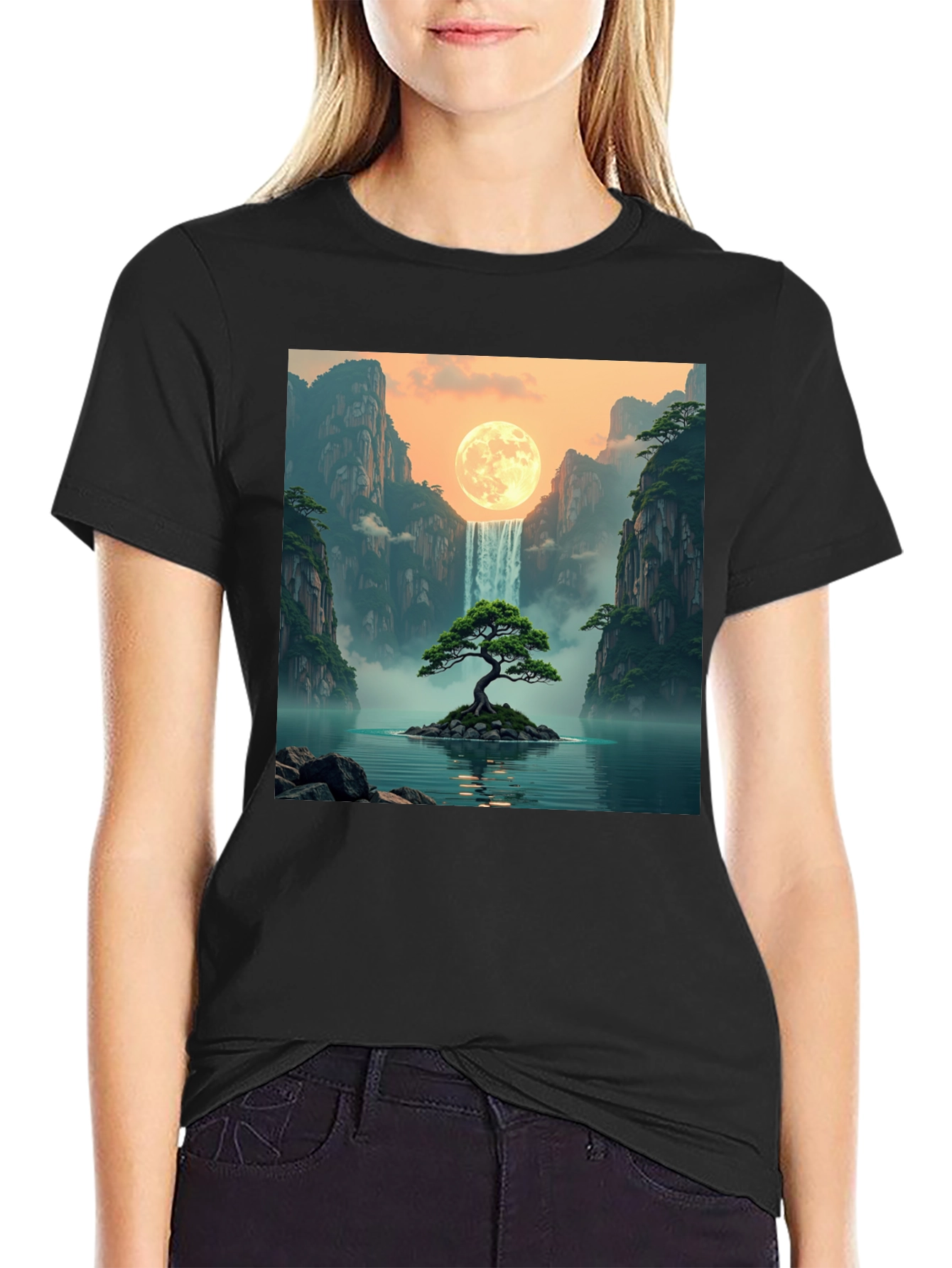Black Waterfall Moon Bonsai Tree Graphic T-Shirt view 2
