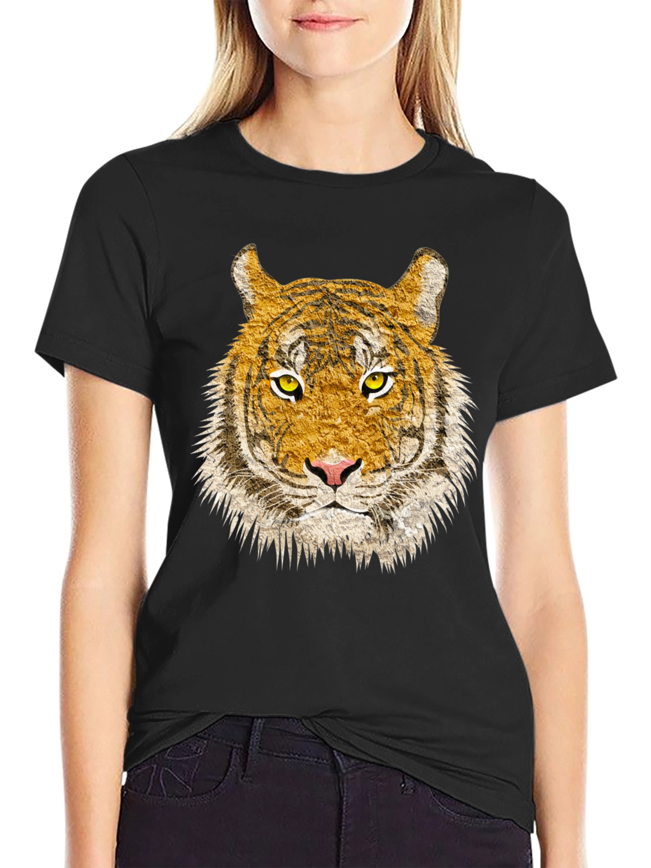 Black Tiger Face Graphic Print Black T-Shirt view 2