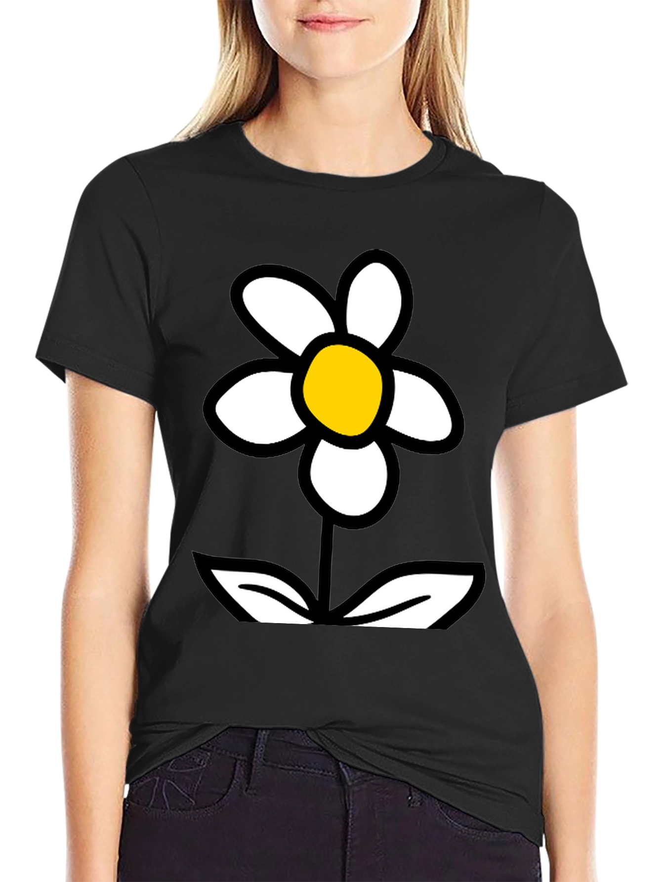 Black Daisy Flower Graphic Tee - Black Cotton T-Shirt view 2