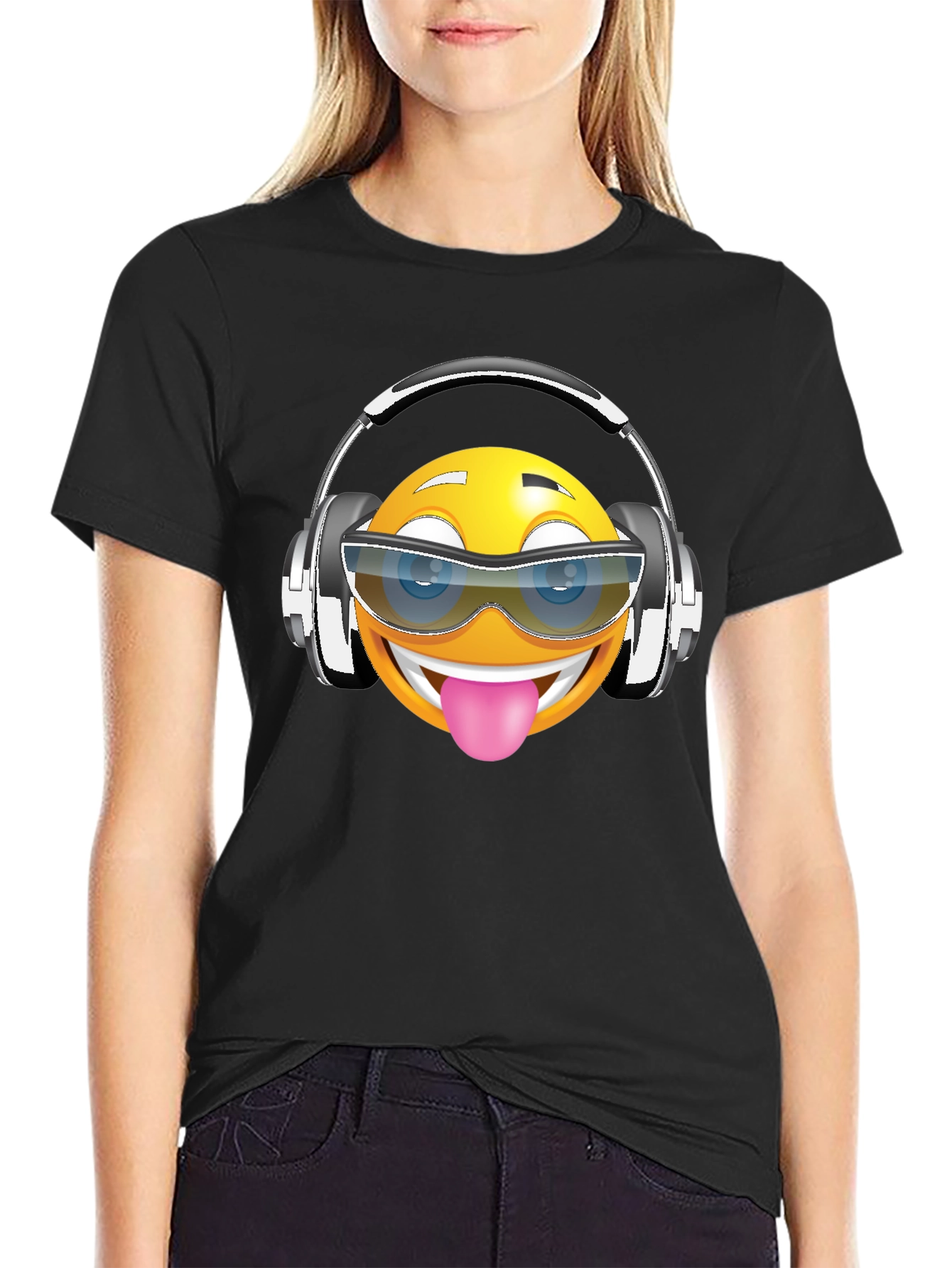 Black Funny Emoji Graphic Print T-Shirt view 2