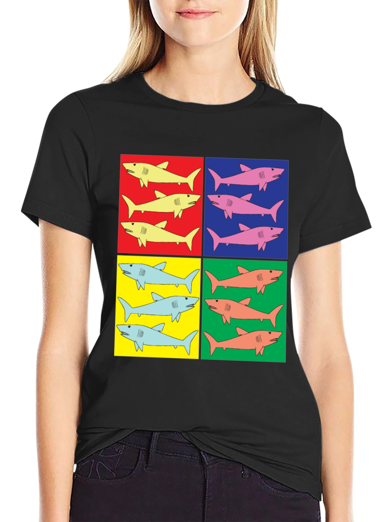 Black Shark Pop Art T-Shirt - Colorful Graphic Tee view 2