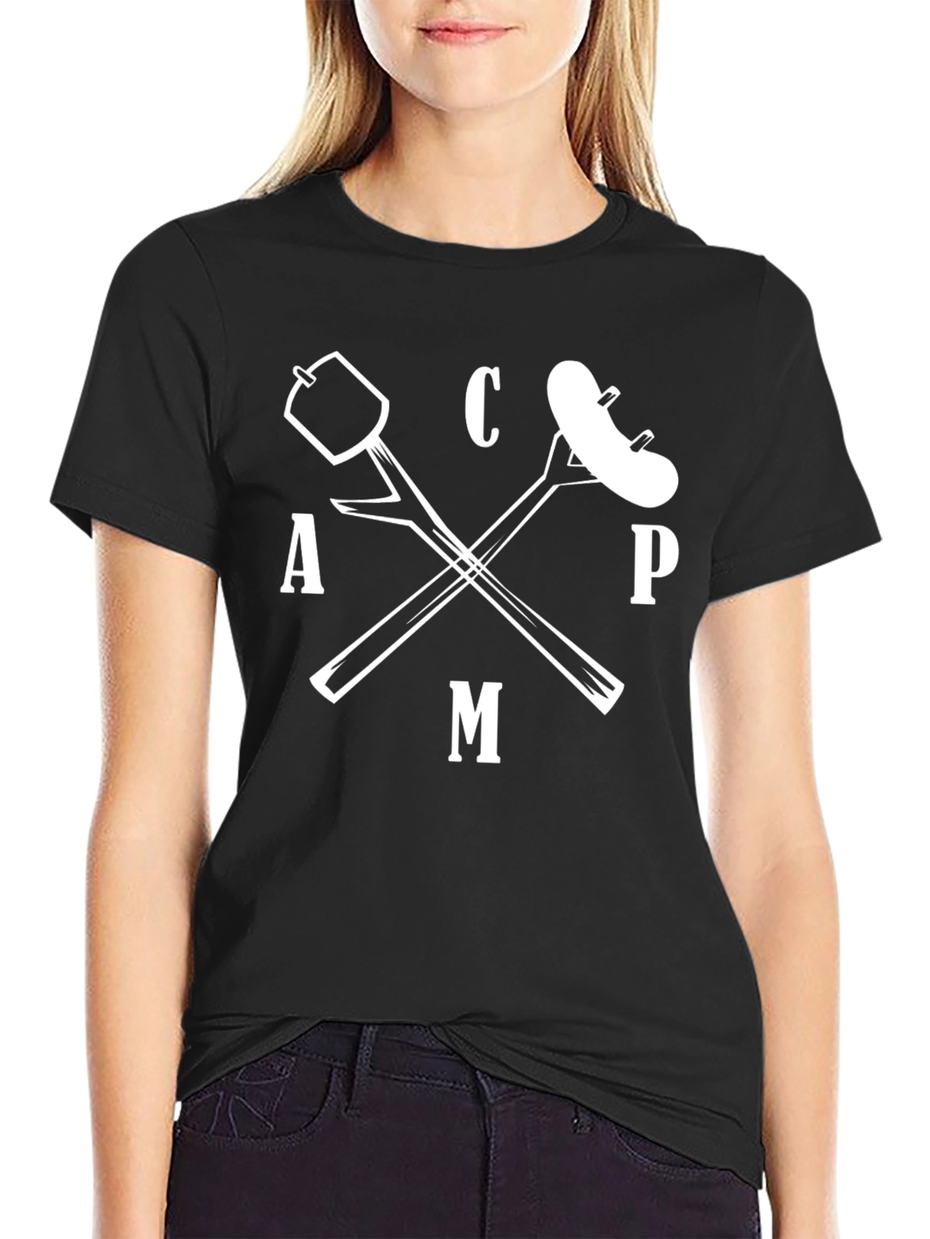 Black CAMP Graphic Tee - Marshmallow & Sausage Campfire Shirt view 2