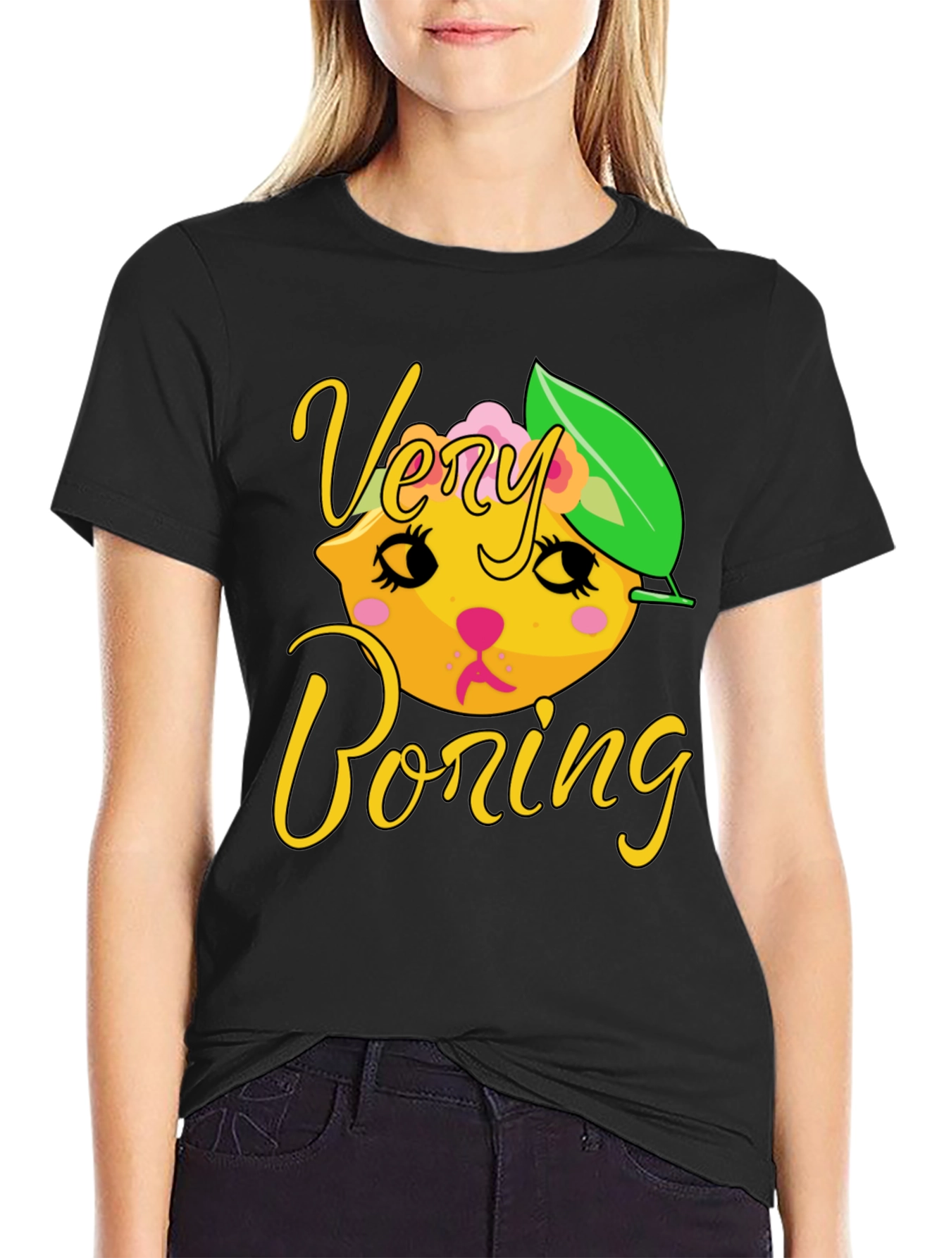 Black Very Boring Lemon Kitty Graphic Tee - Black Cotton Blend view 2