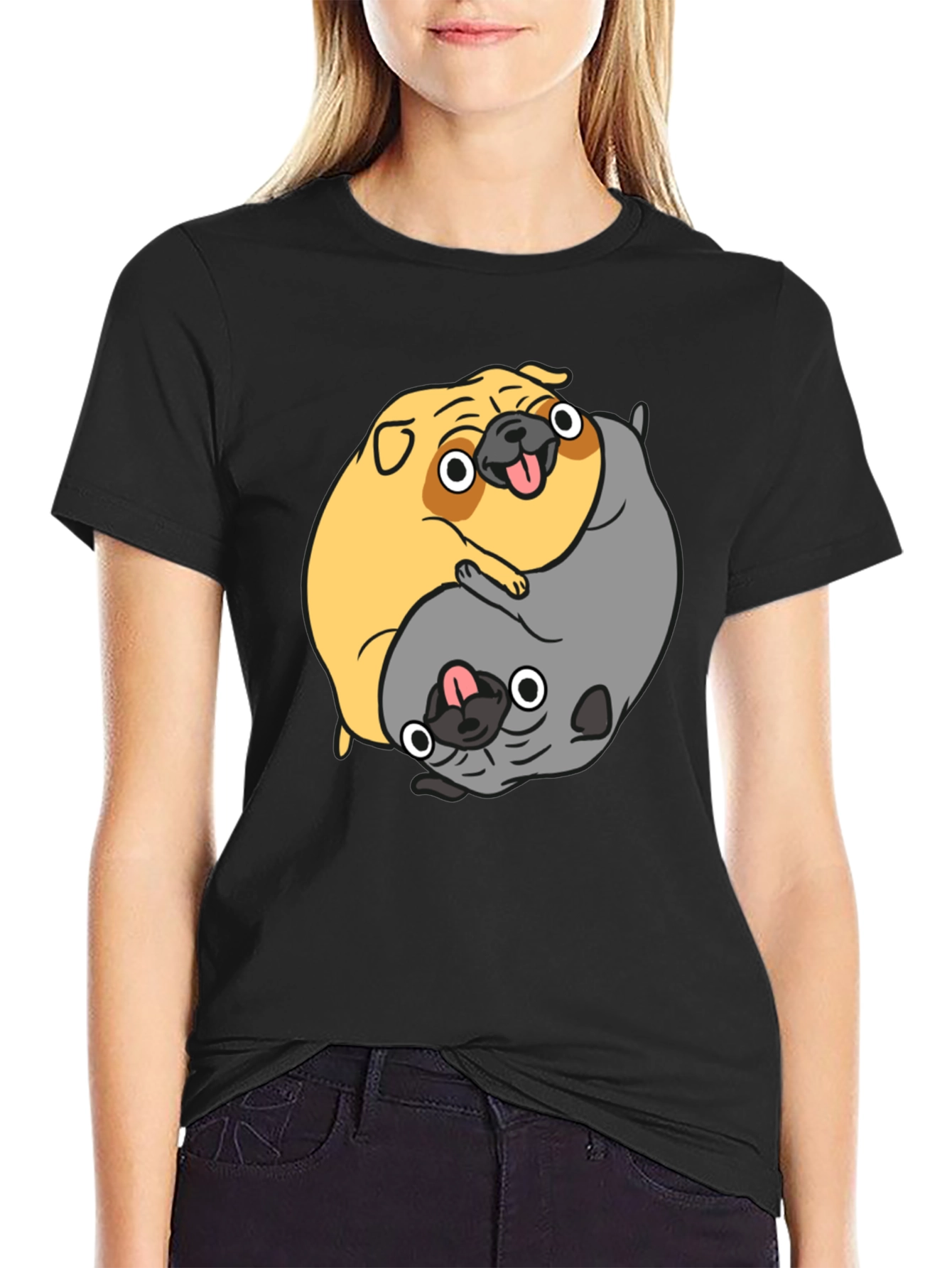 Black Yin Yang Pugs Graphic T-Shirt view 2