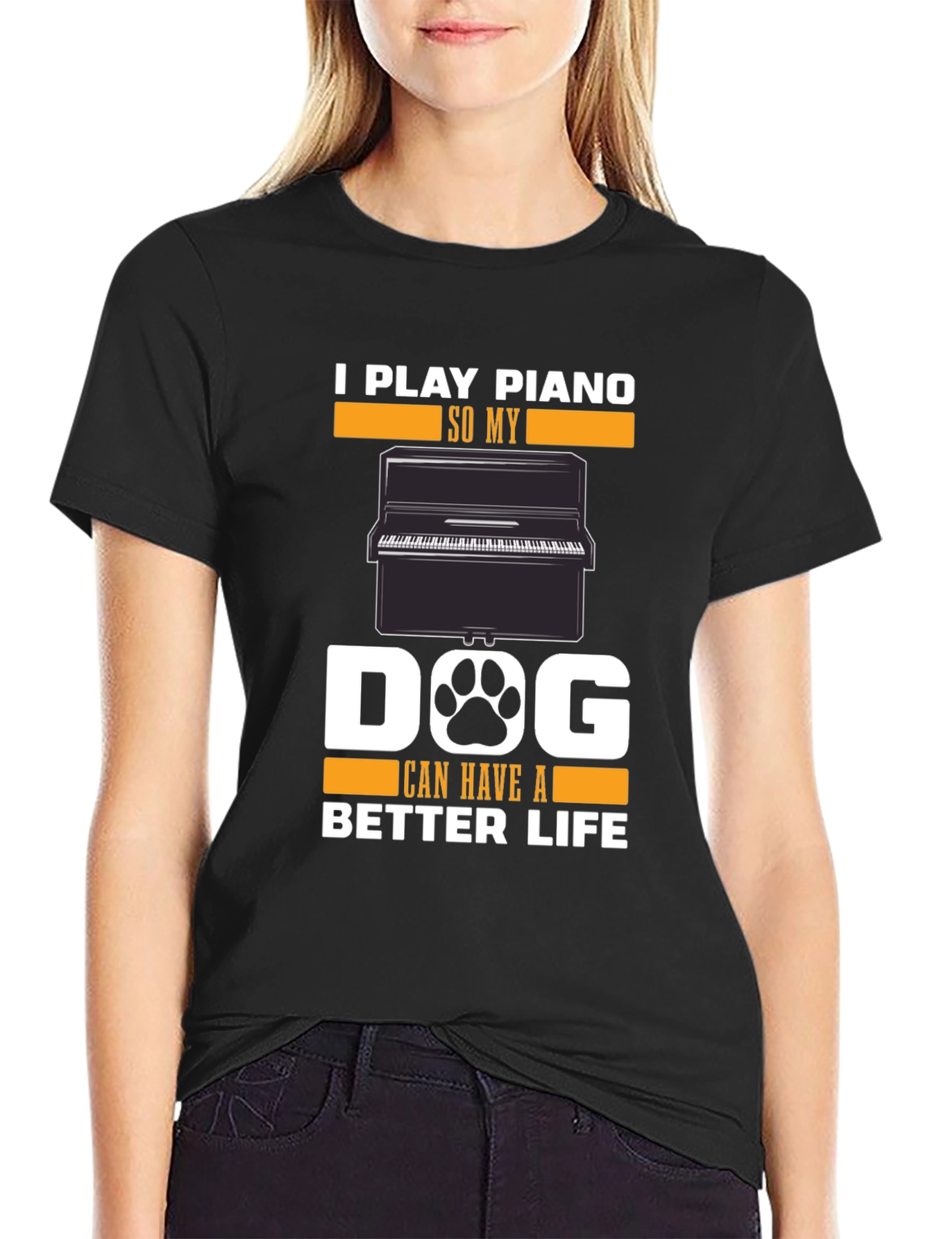 Black Piano Lover's Dog T-Shirt - Play Piano for a Better Dog Life view 2