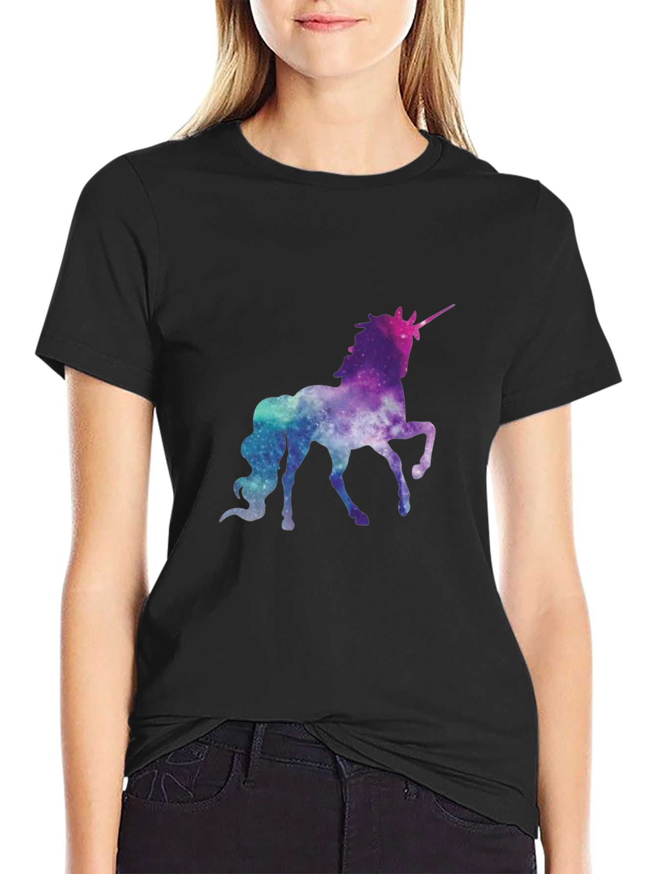 Black Galaxy Unicorn Graphic Tee - Black Cotton Shirt view 2
