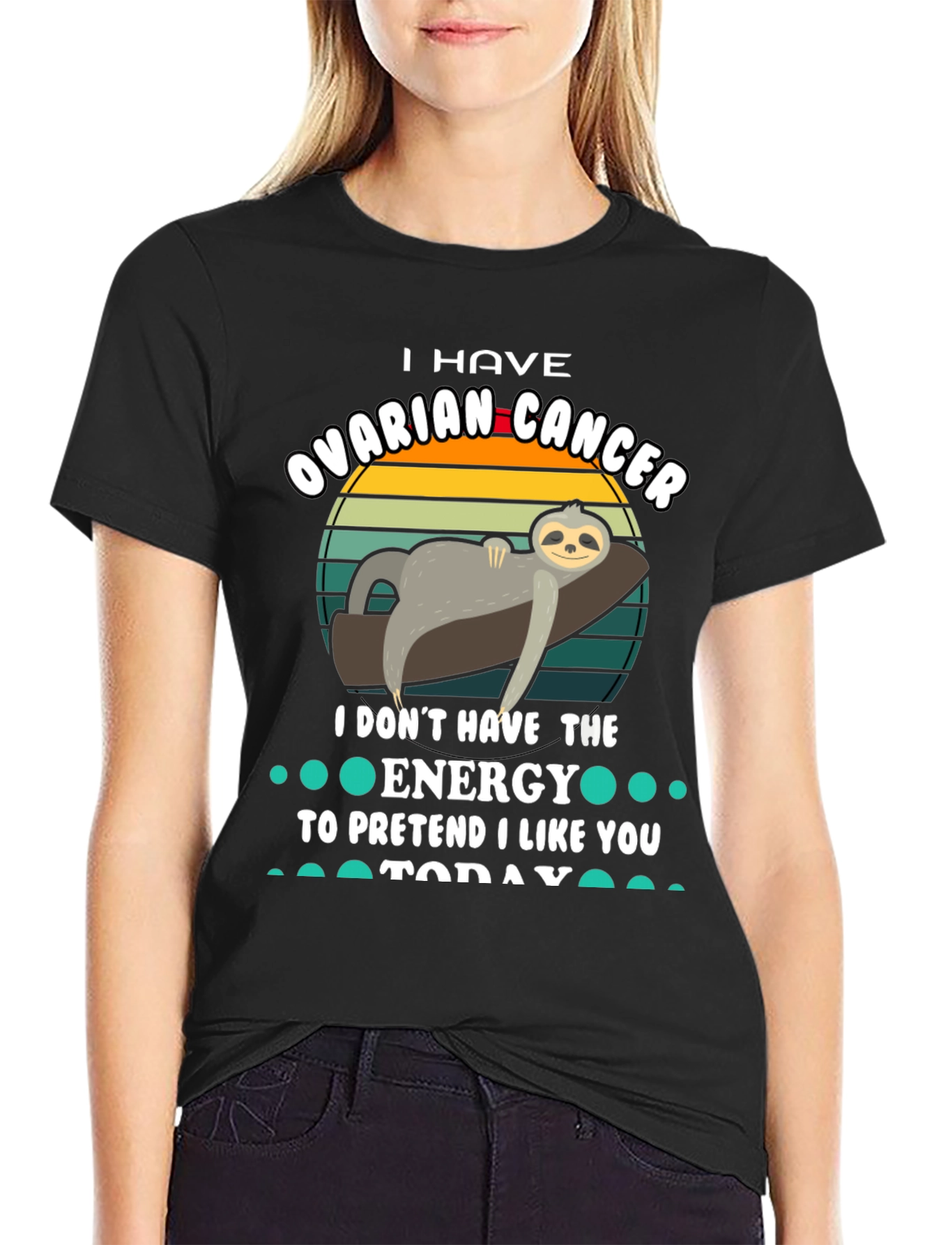Black Ovarian Cancer Sloth T-Shirt - I Don't Have The Energy Tee view 2