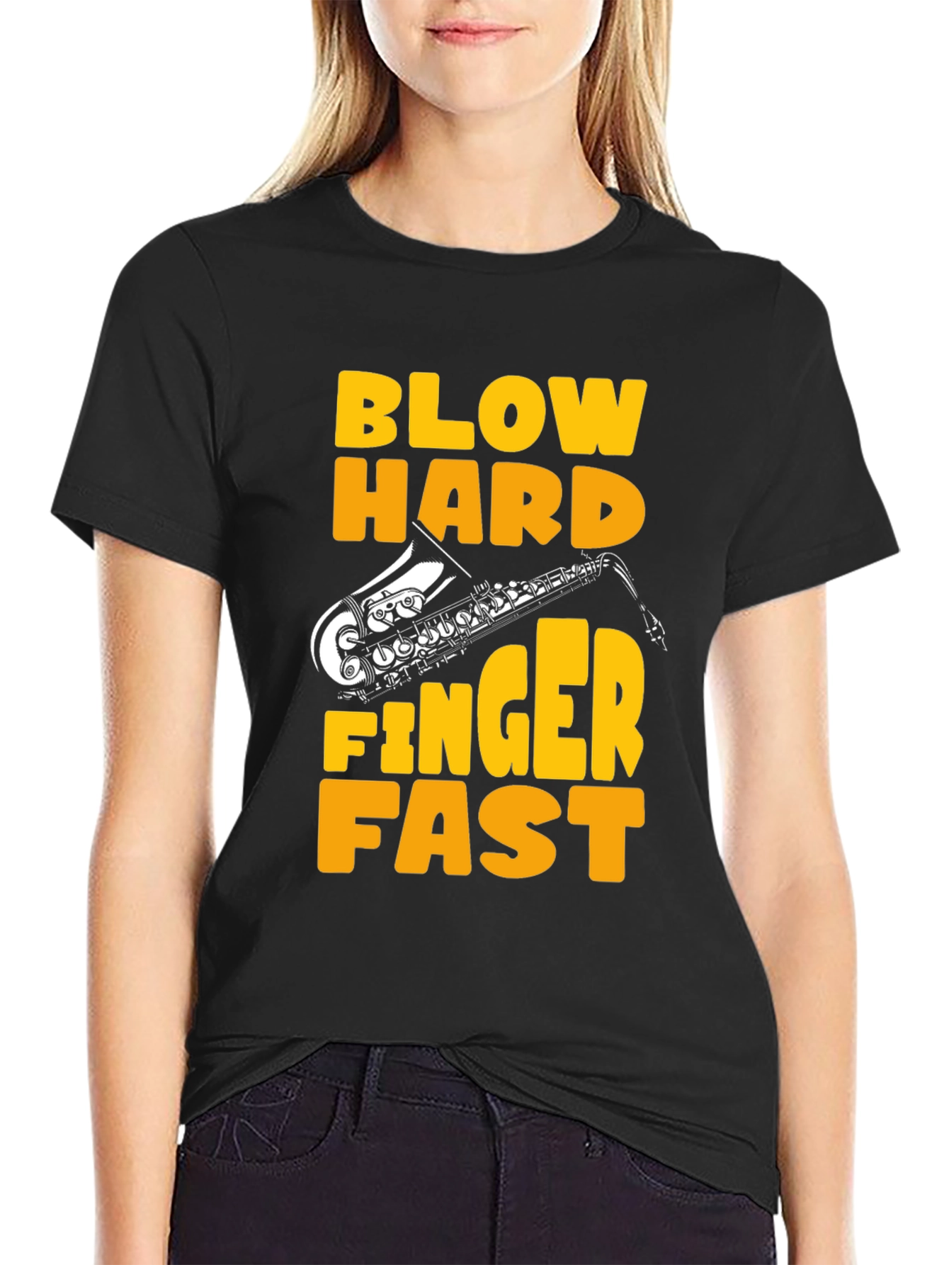 Black Blow Hard Finger Fast Saxophone Graphic Tee view 2