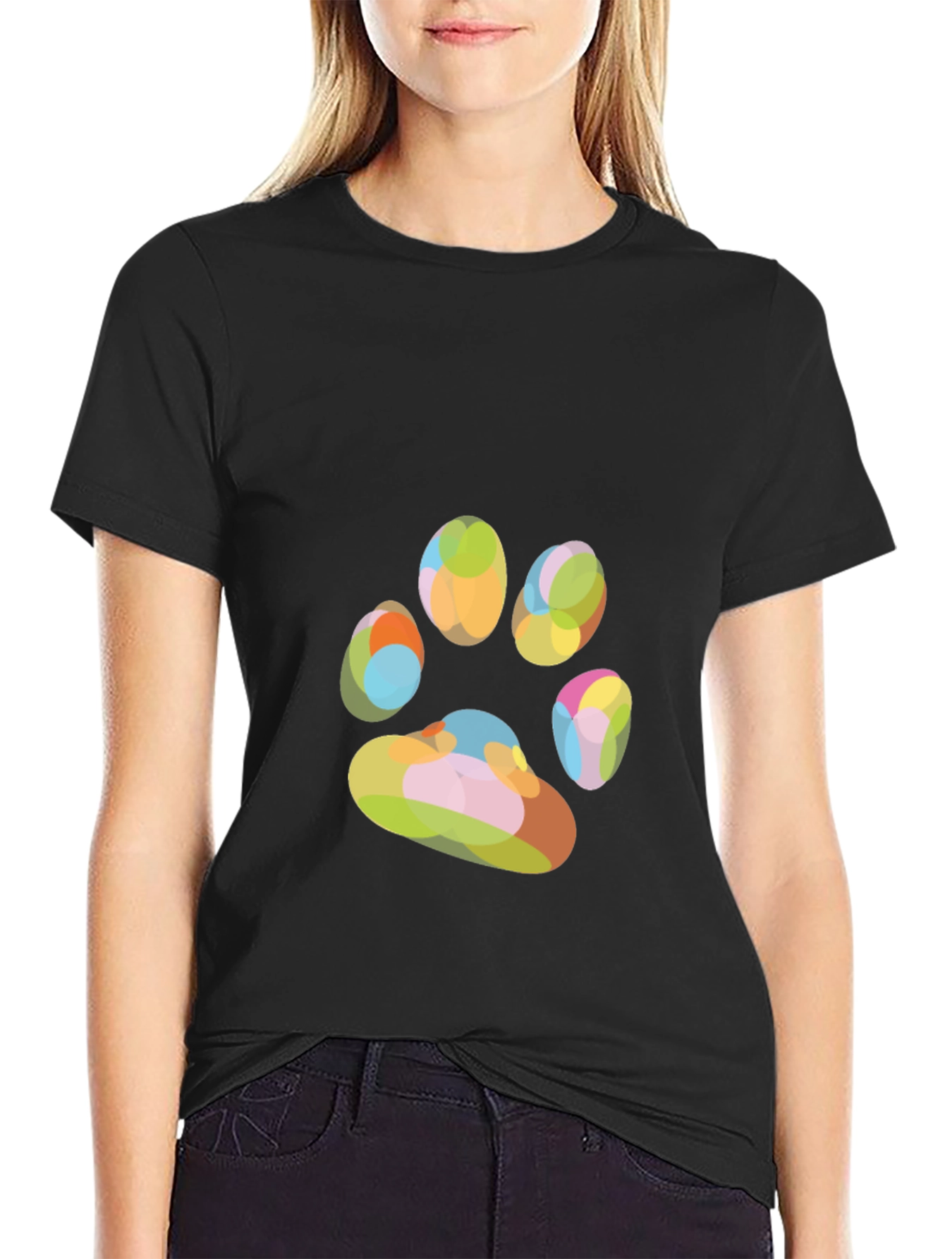 Black Colorful Paw Print Graphic T-Shirt view 2