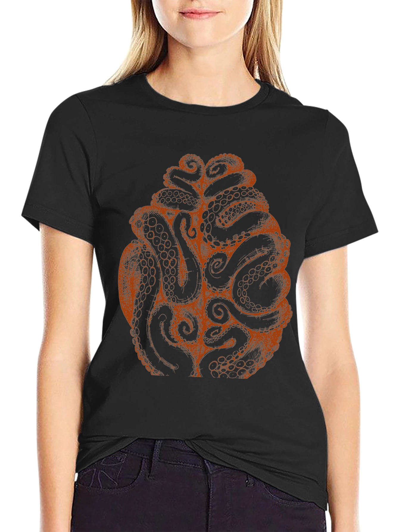 Black Octopus Tentacle Brain Graphic Tee - Black view 2
