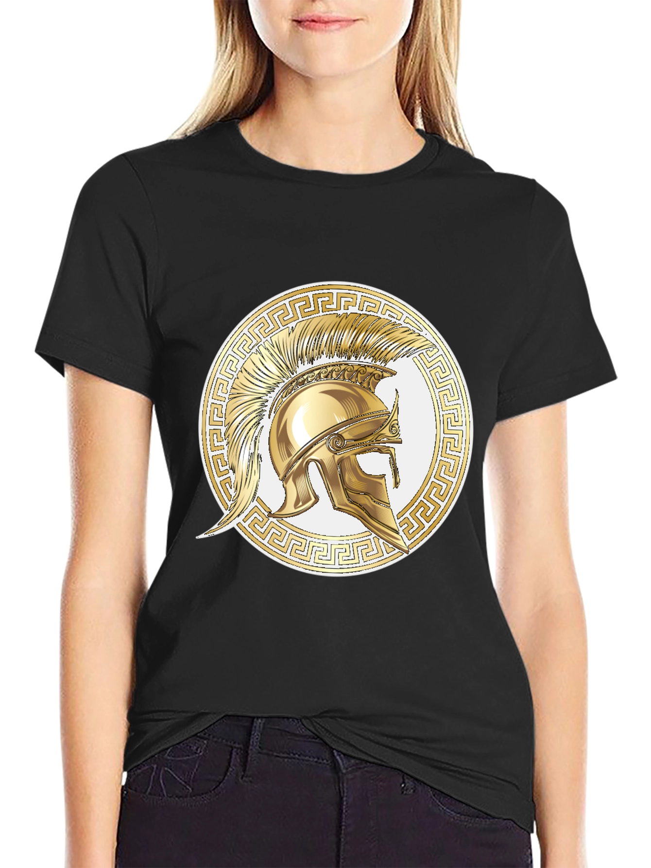 Black Spartan Helmet Graphic Tee - Gold Design view 2