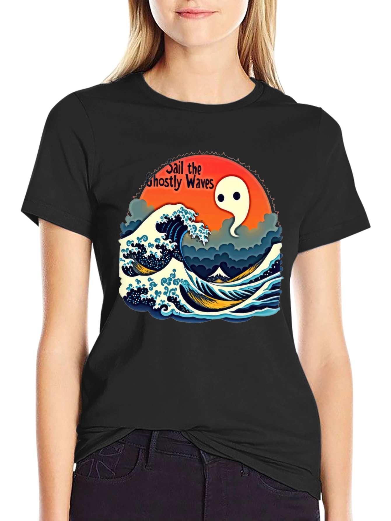 Black Ghostly Waves Graphic T-Shirt - Unisex view 2