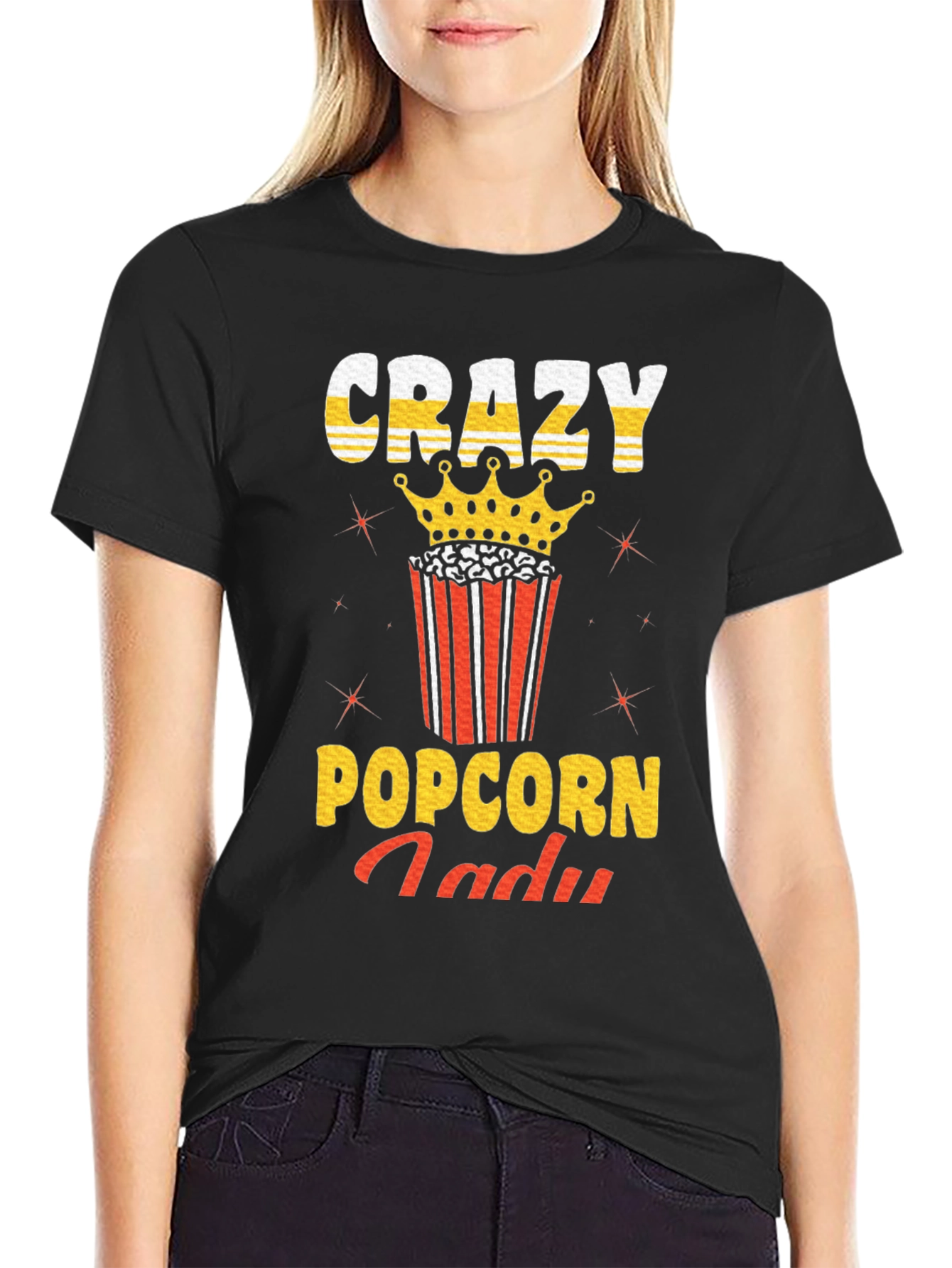 Black Crazy Popcorn Lady Graphic T-Shirt view 2