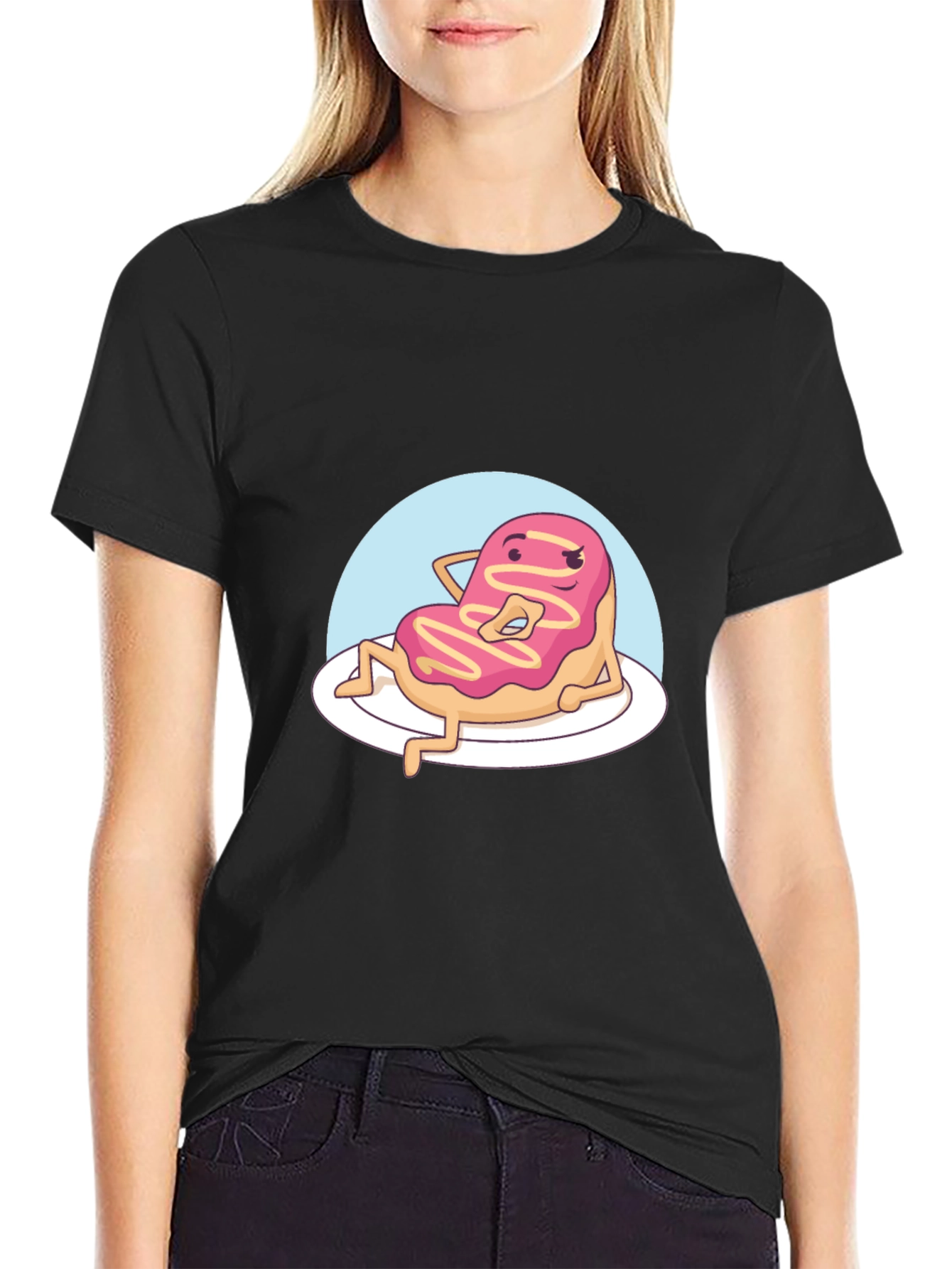 Black Funny Donut Cartoon T-Shirt - Black view 2