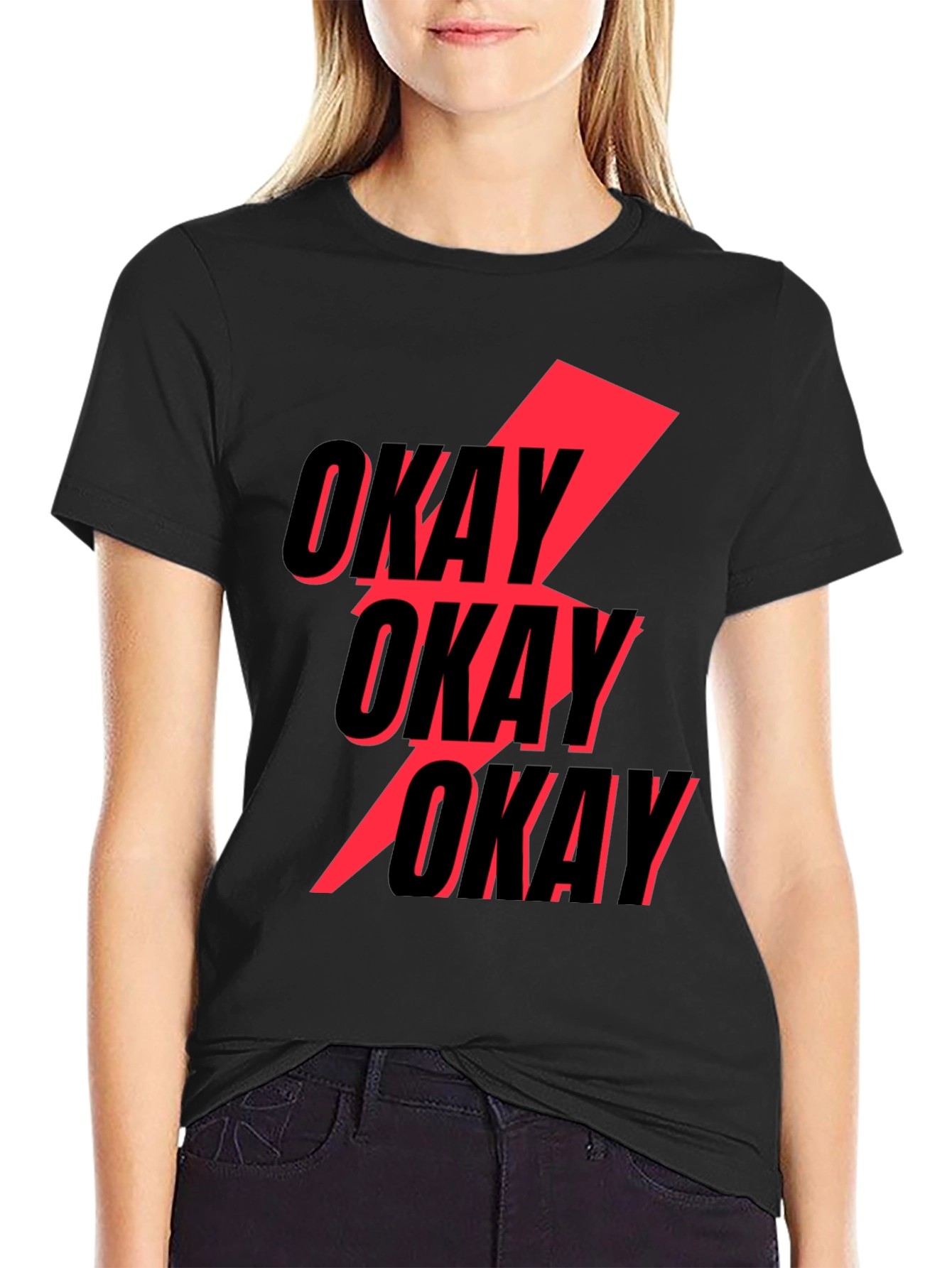 Black Okay Graphic T-Shirt - Bold Red Lightning Bolt Design view 2