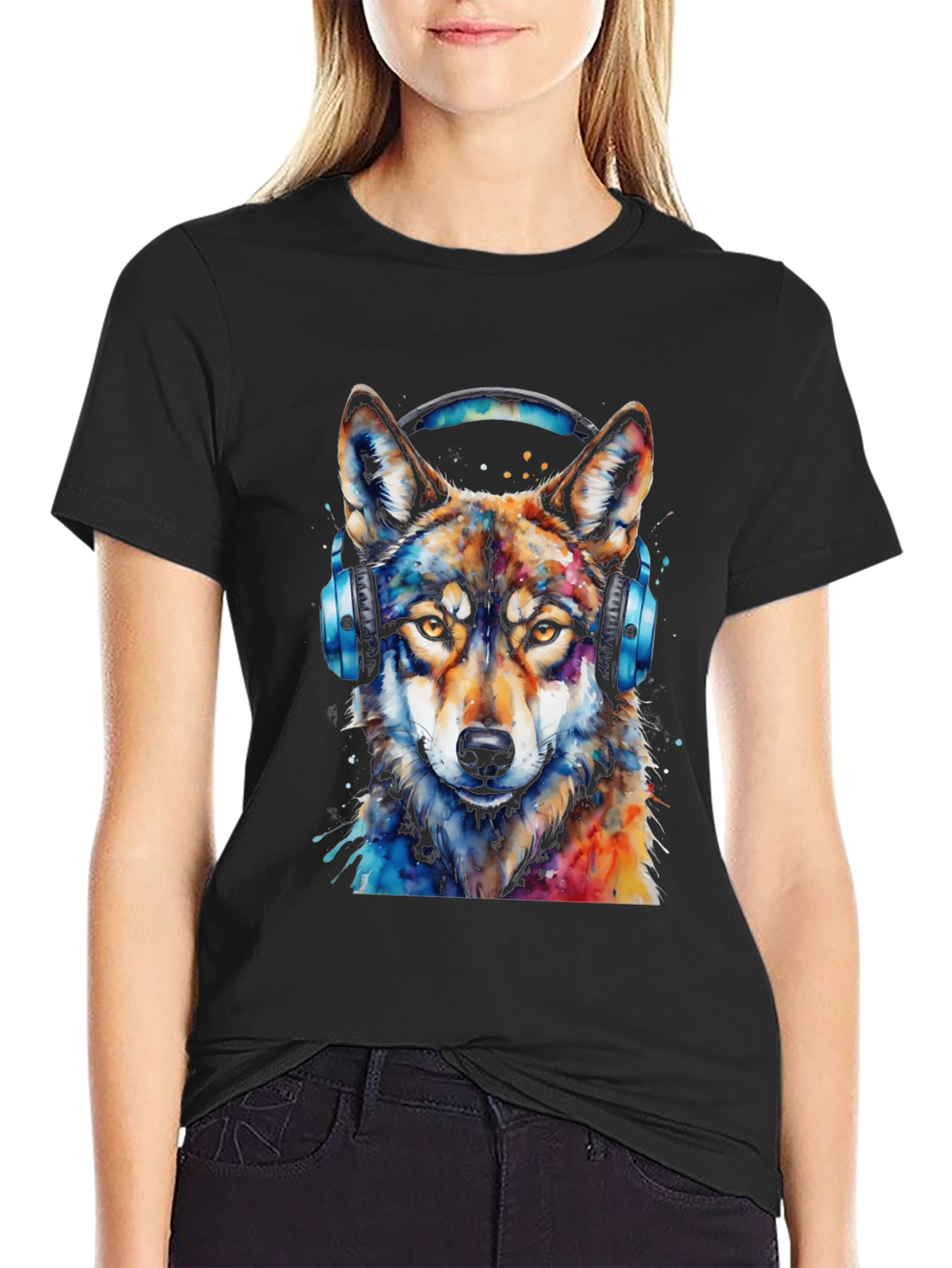 Black Wolf Headphone Graphic Black T-Shirt view 2