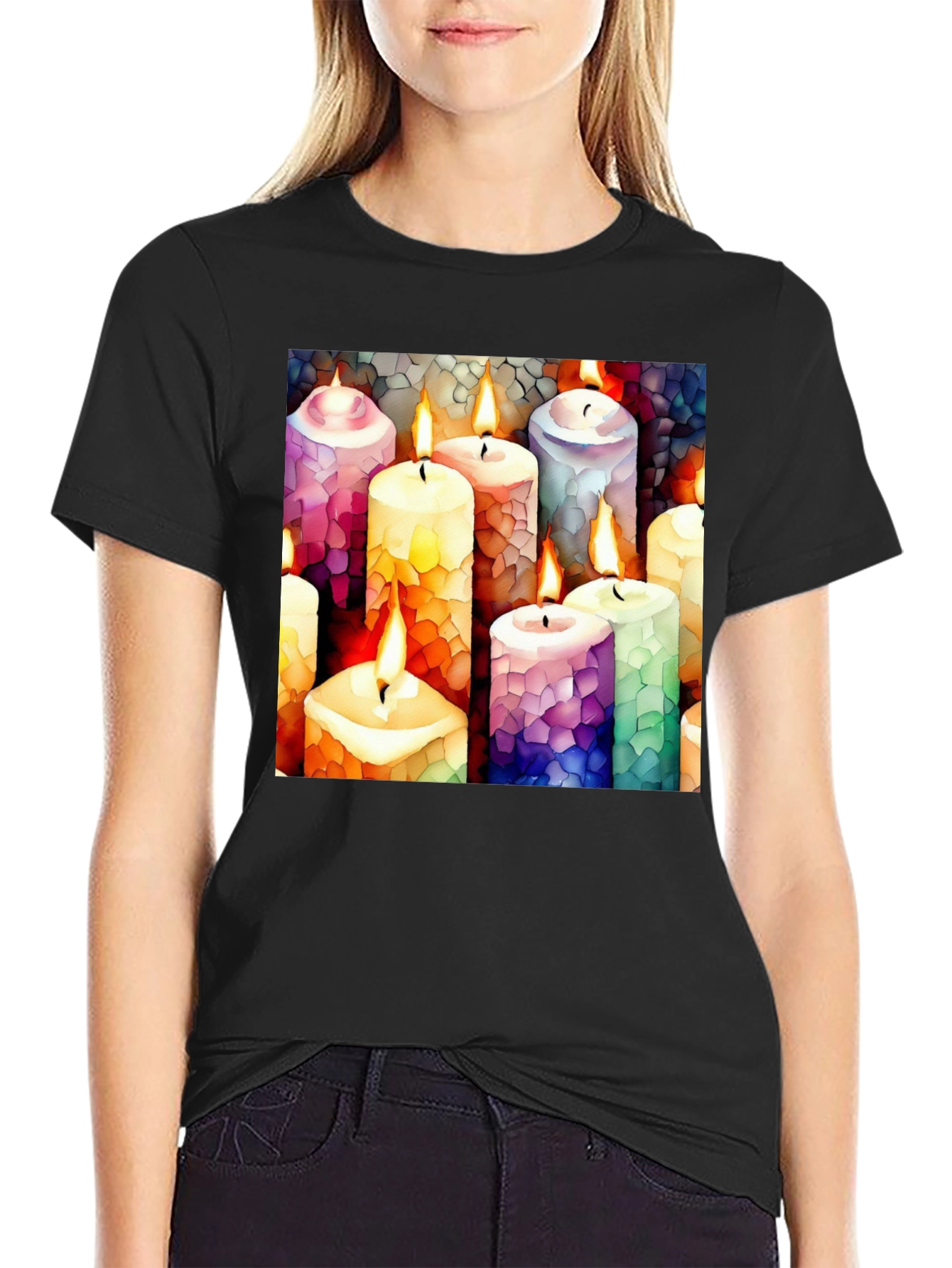 Black Artistic Candle Print Black T-Shirt view 2