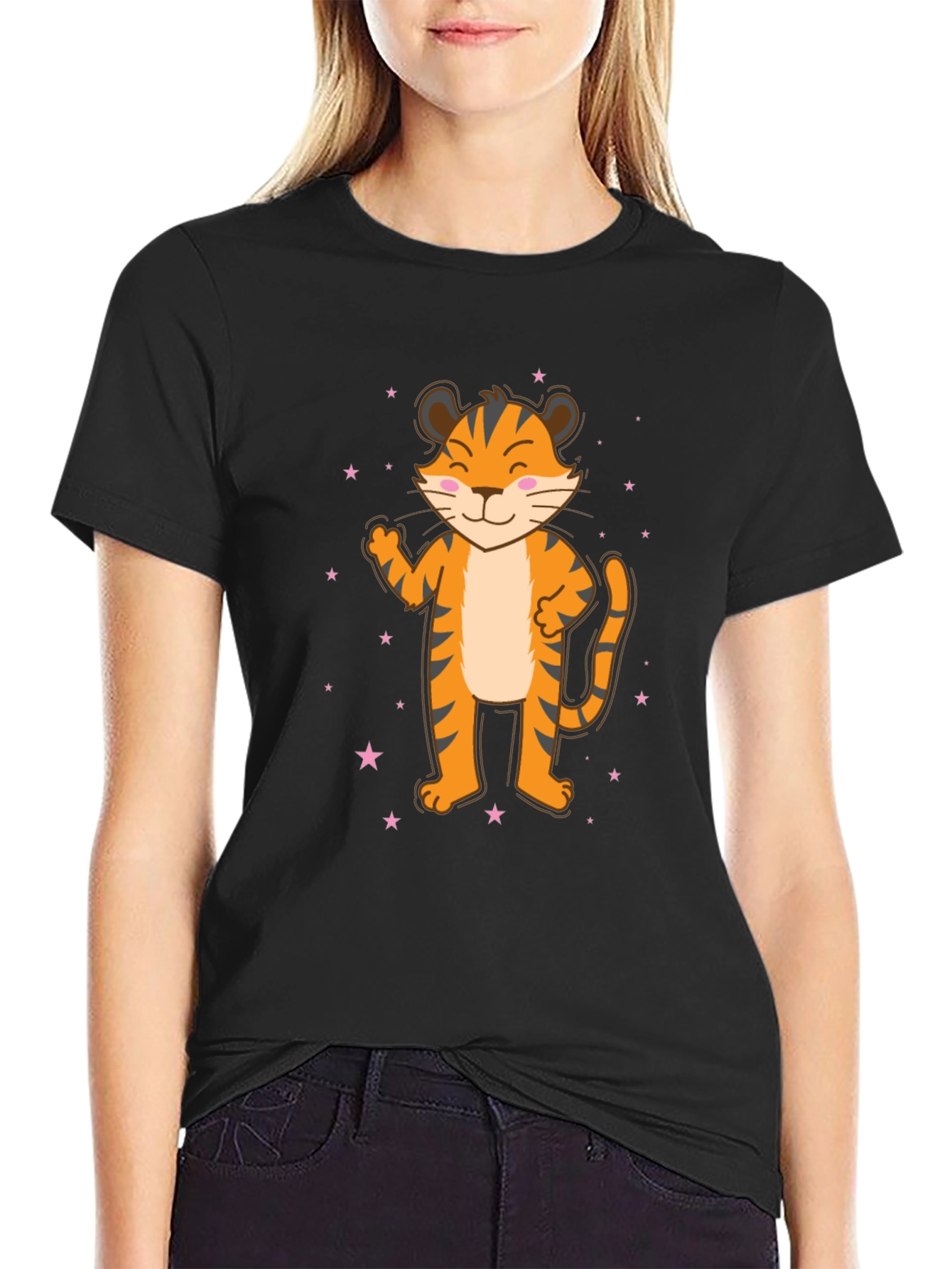 Black Cute Cartoon Tiger Black T-Shirt view 2