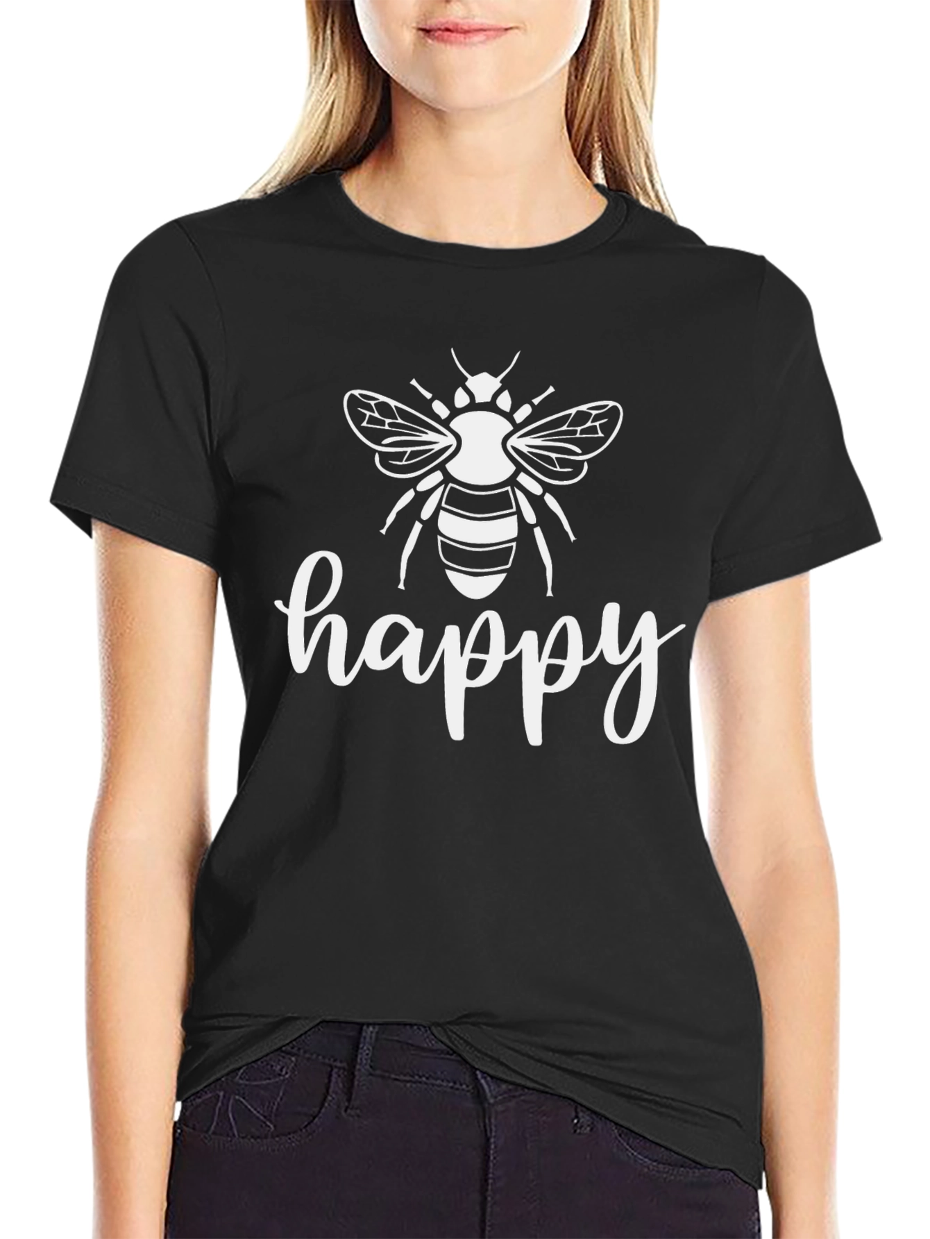 Black Happy Bee Graphic Tee - Black Cotton Blend view 2