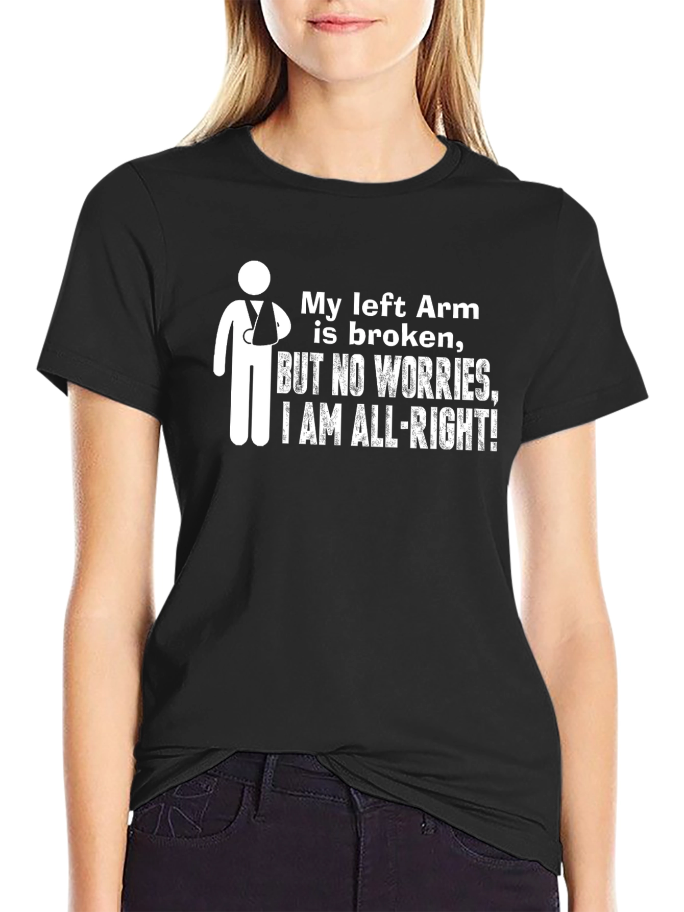 Black Funny Broken Arm T-Shirt - I am All Right! view 2