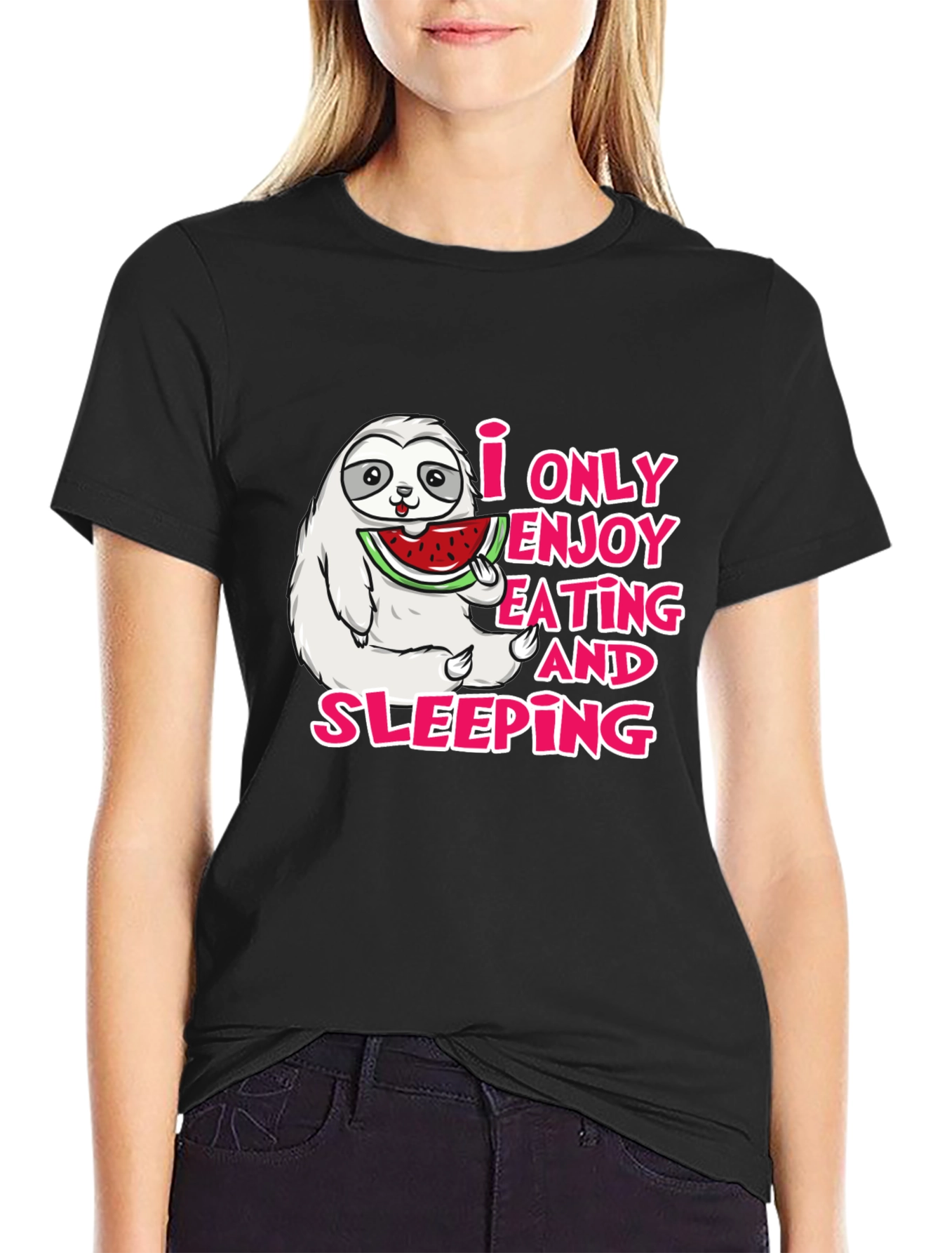 Black Sloth Eating Watermelon Graphic Tee - Enjoy Eating and Sleeping view 2